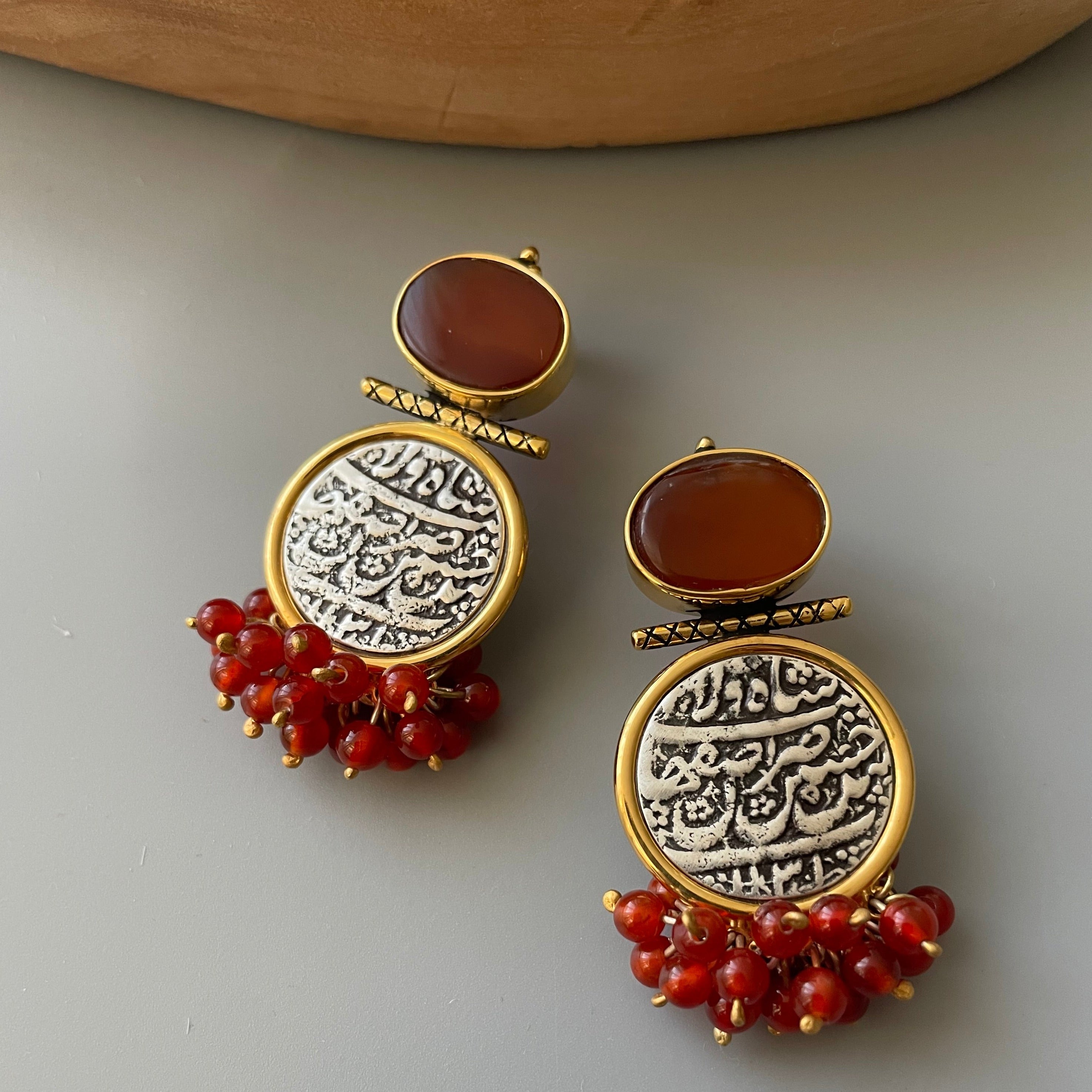 Persian Earrings-Handmade Silver Earrings with Persian Coin and Agate:Persian Jewelry-AFRA ART GALLERY
