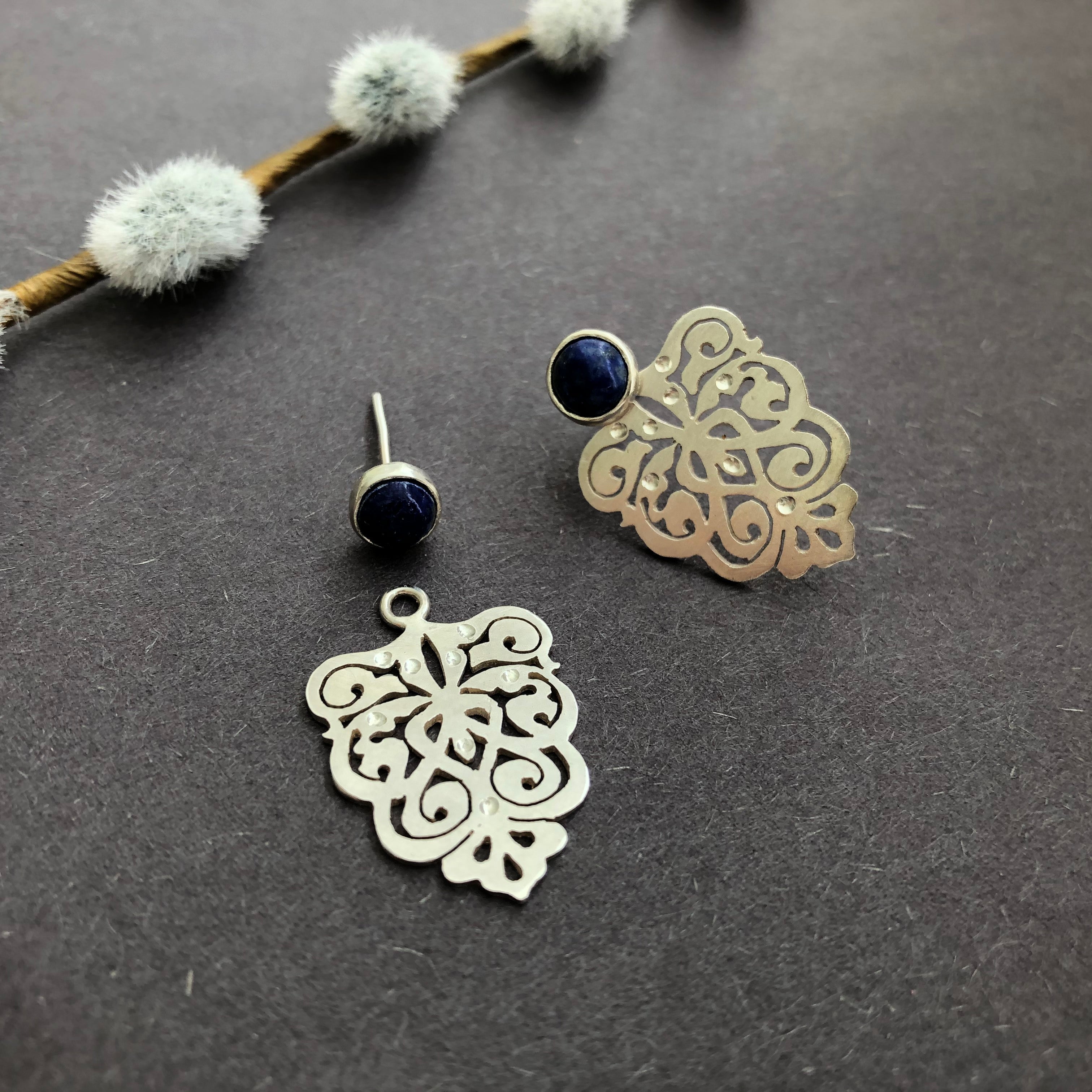 Persian Earrings-Handmade Silver Earrings with Persian Eslimi Pattern and lazuli-: Persian jewelry-Afra Art Gallery