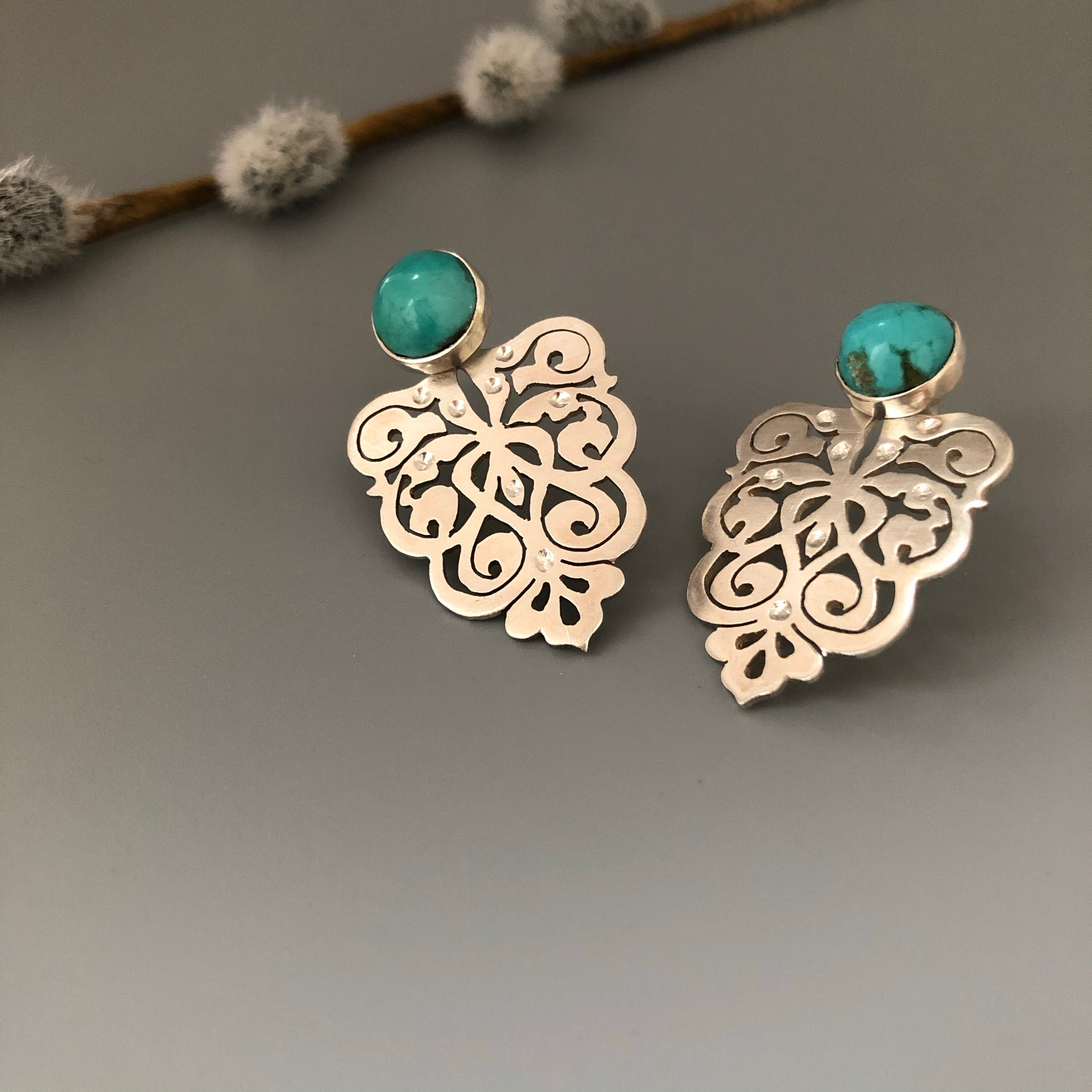 Persian Turquoise Jewelry-Handmade Silver Earrings with Persian Eslimi Pattern and Turquoise: Persian Jewelry-AFRA ART GALLERY