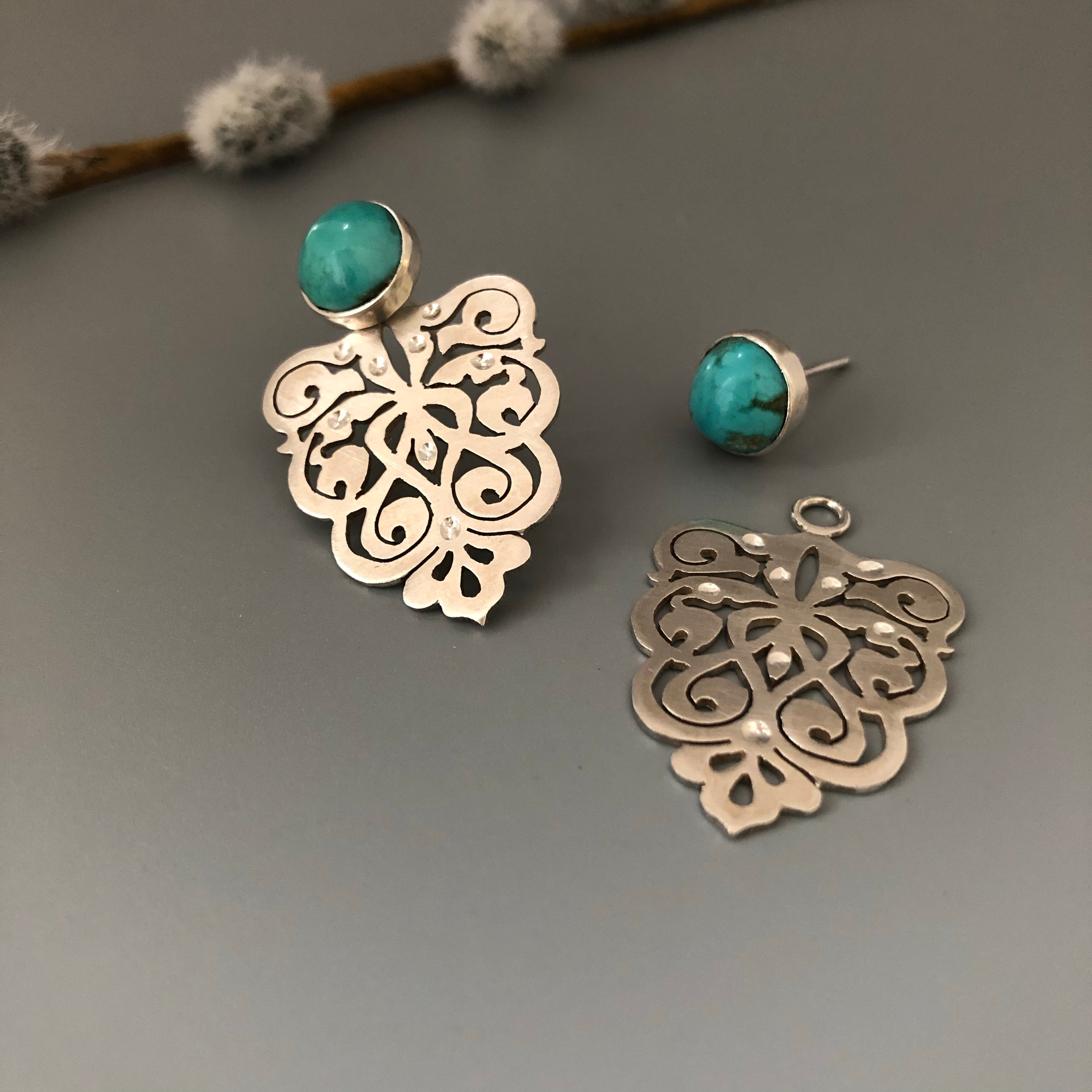 Persian Turquoise Jewelry-Handmade Silver Earrings with Persian Eslimi Pattern and Turquoise: Persian Jewelry-AFRA ART GALLERY