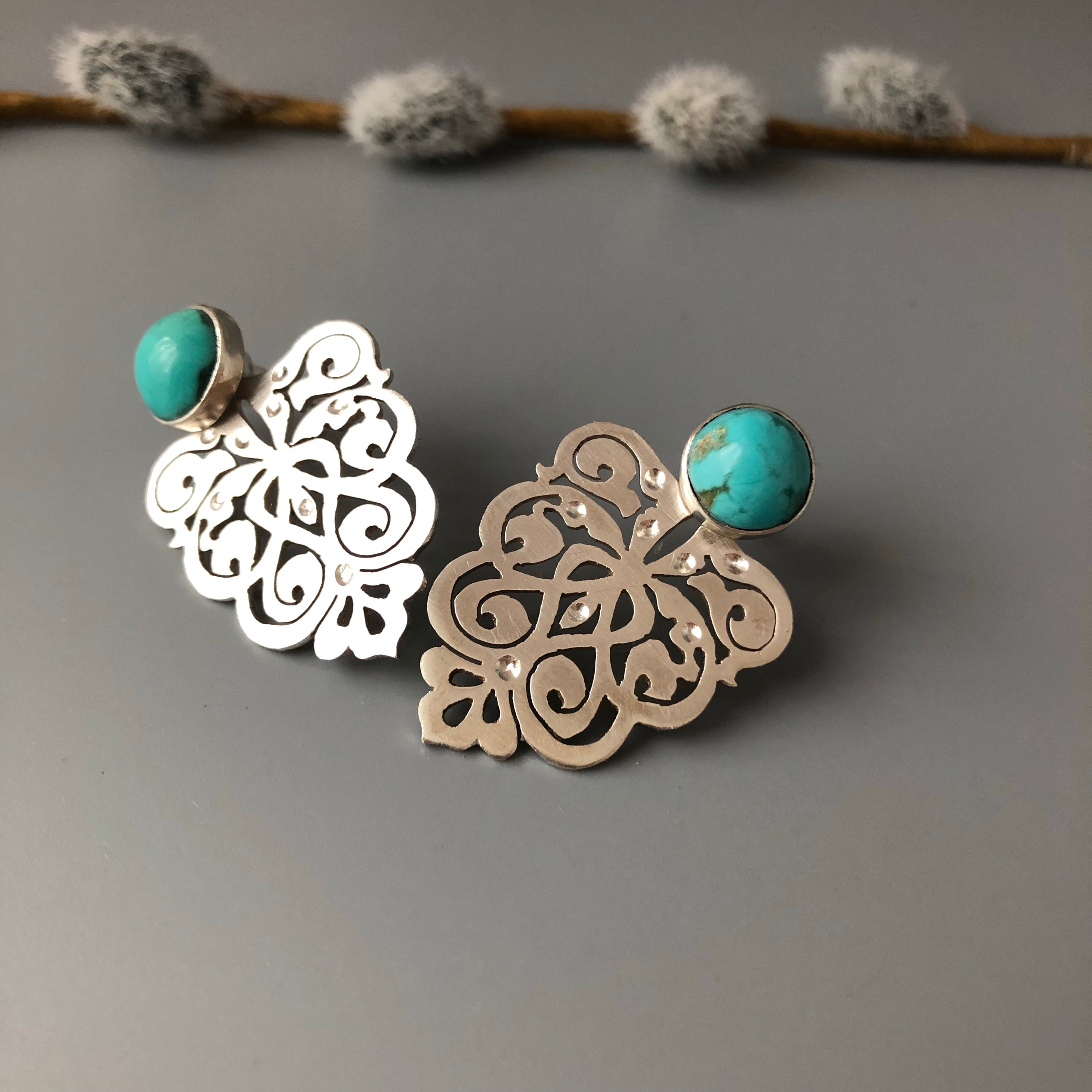 Persian Turquoise Jewelry-Handmade Silver Earrings with Persian Eslimi Pattern and Turquoise: Persian Jewelry-AFRA ART GALLERY