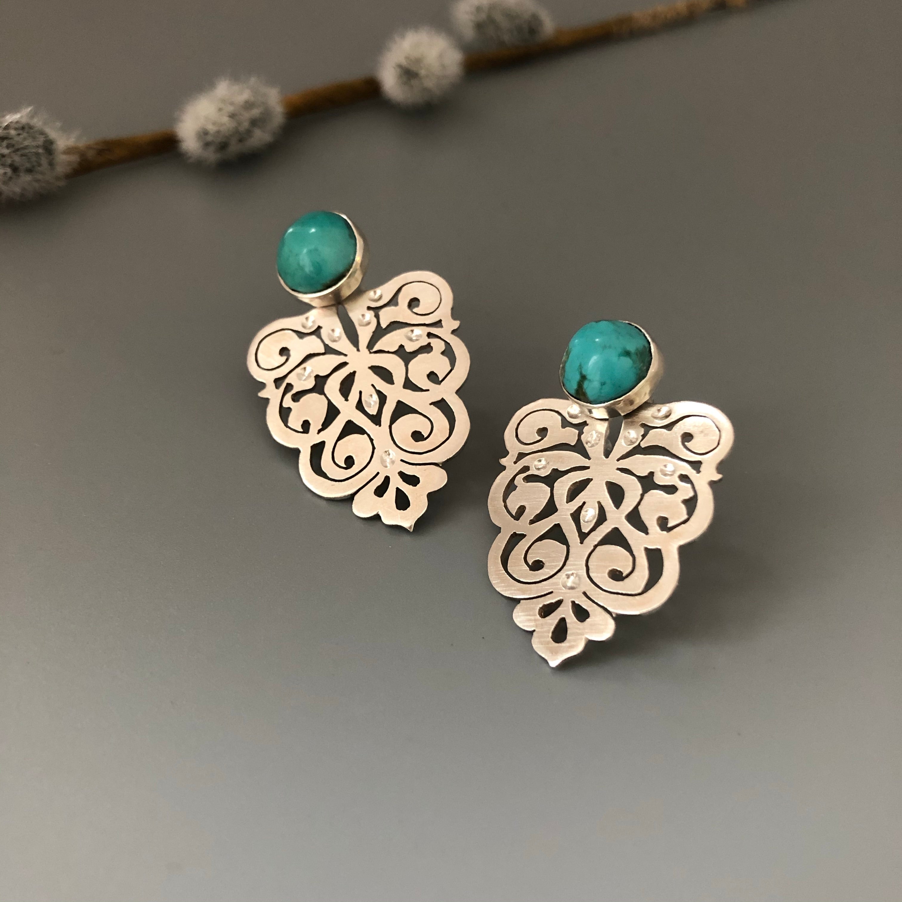 Persian Turquoise Jewelry-Handmade Silver Earrings with Persian Eslimi Pattern and Turquoise: Persian Jewelry-AFRA ART GALLERY