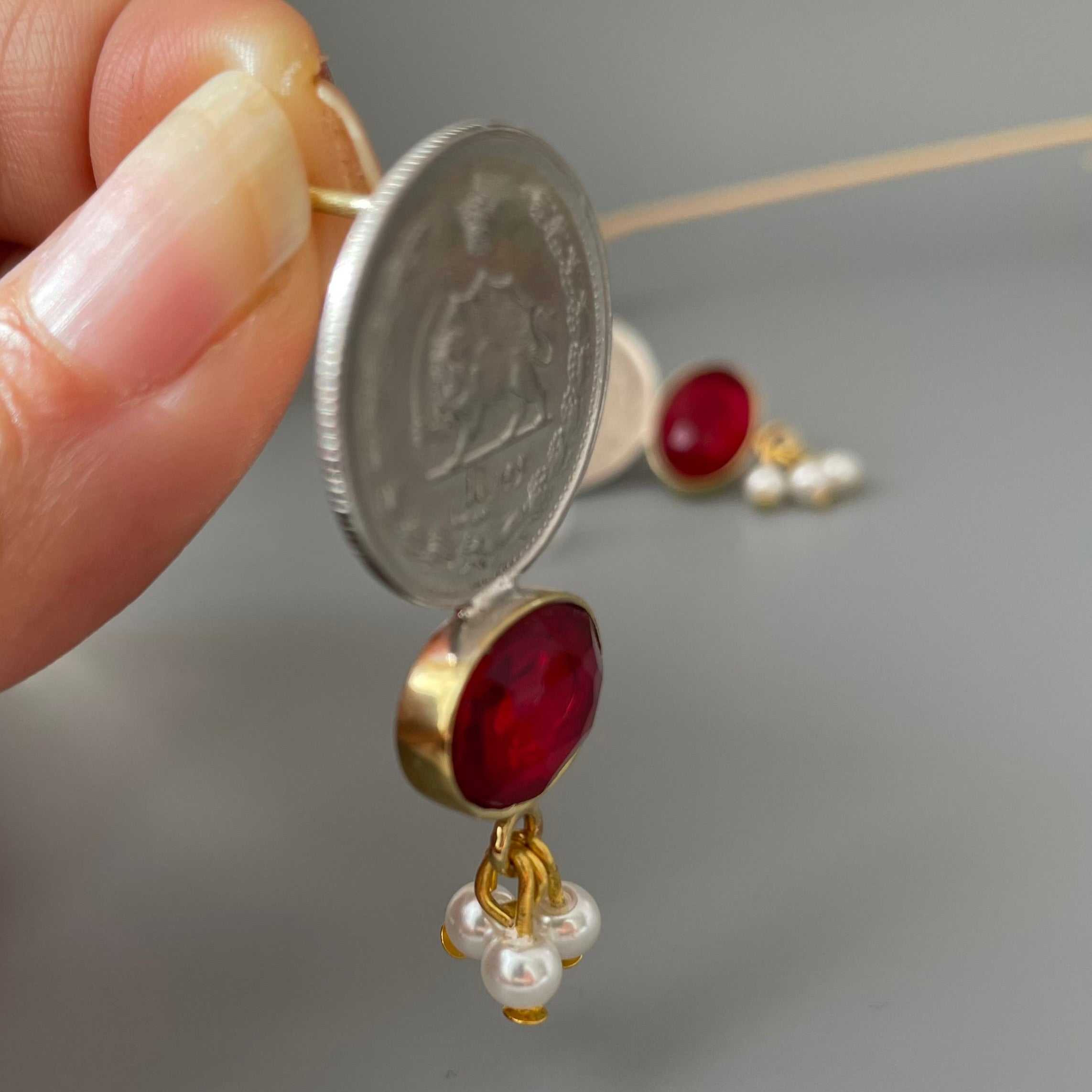 Persian Earrings-Pahlavi Coin Earrings and Red Gemstone:Persian Jewelry-AFRA ART GALLERY