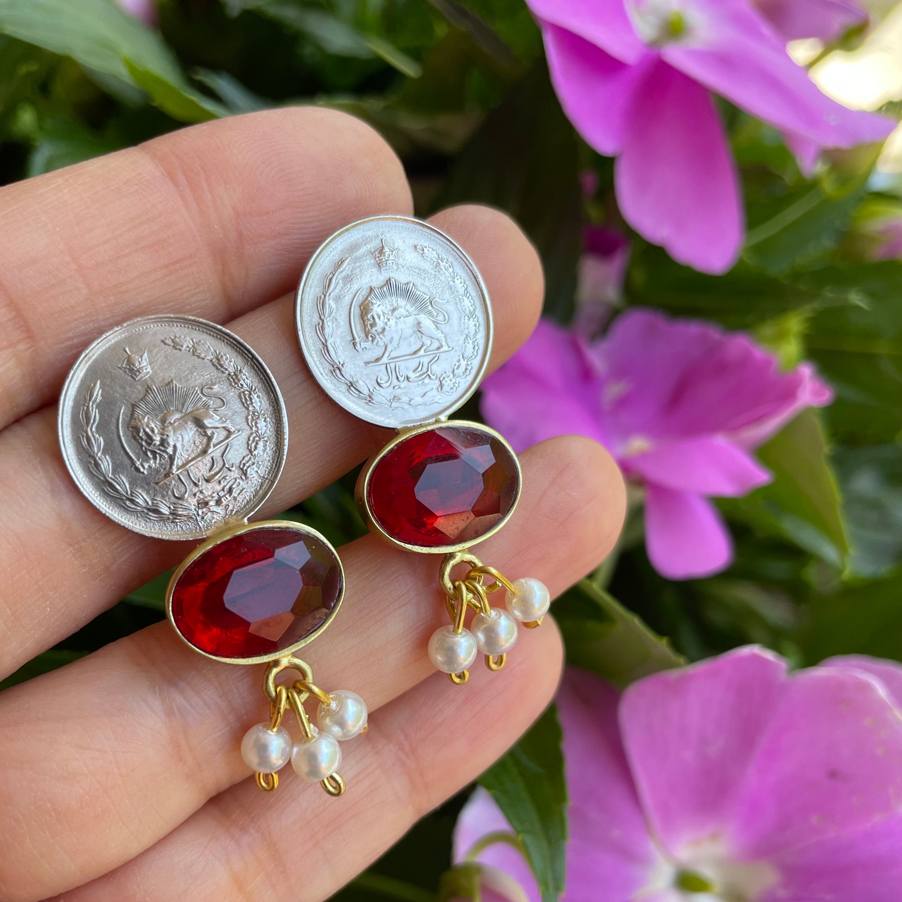 Persian EarringsPahlavi Coin Earrings and Red Gemstone-jewellery: Persian Jewelry-AFRA ART GALLERY