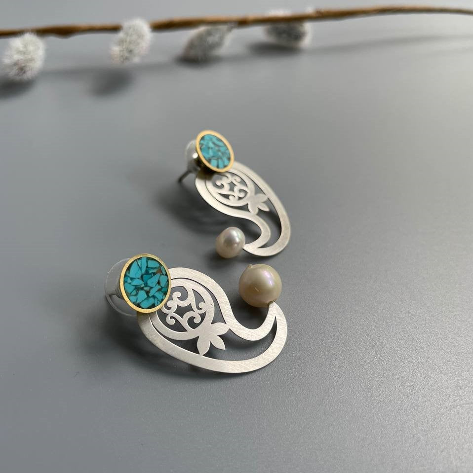 Persian Turquoise Jewelry-Paisley Handmade Silver Earrings: Persian Jewelry-AFRA ART GALLERY