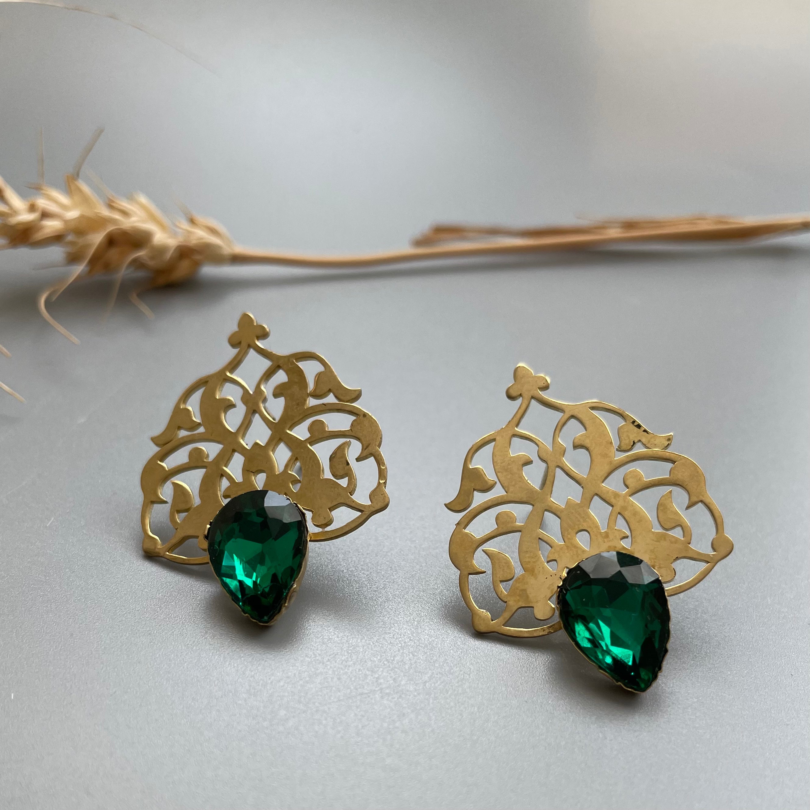 Persian EarringsPersian Brass Earrings with Green Crystal in Eslimi Design-jewellery: Persian Jewelry-AFRA ART GALLERY