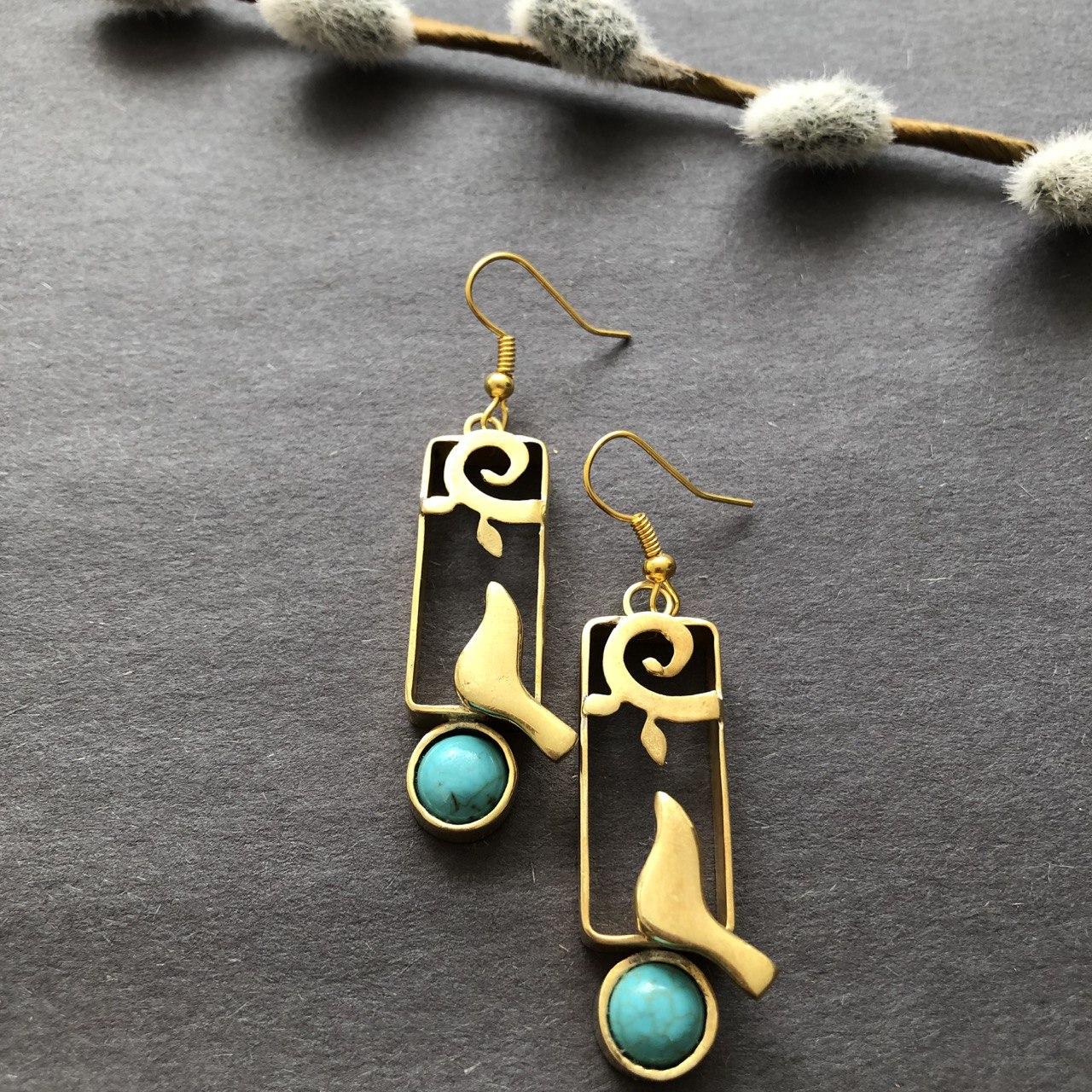 Persian Turquoise Jewelry-Persian Dangle Earrings with Turquoise and Bird: Persian Jewelry-AFRA ART GALLERY