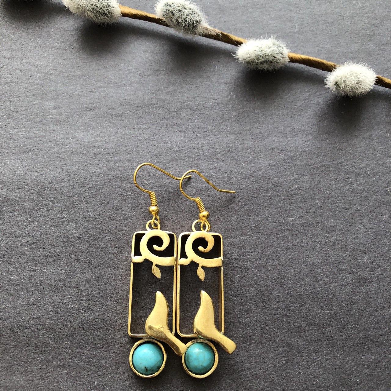 Persian Turquoise Jewelry-Persian Dangle Earrings with Turquoise and Bird: Persian Jewelry-AFRA ART GALLERY