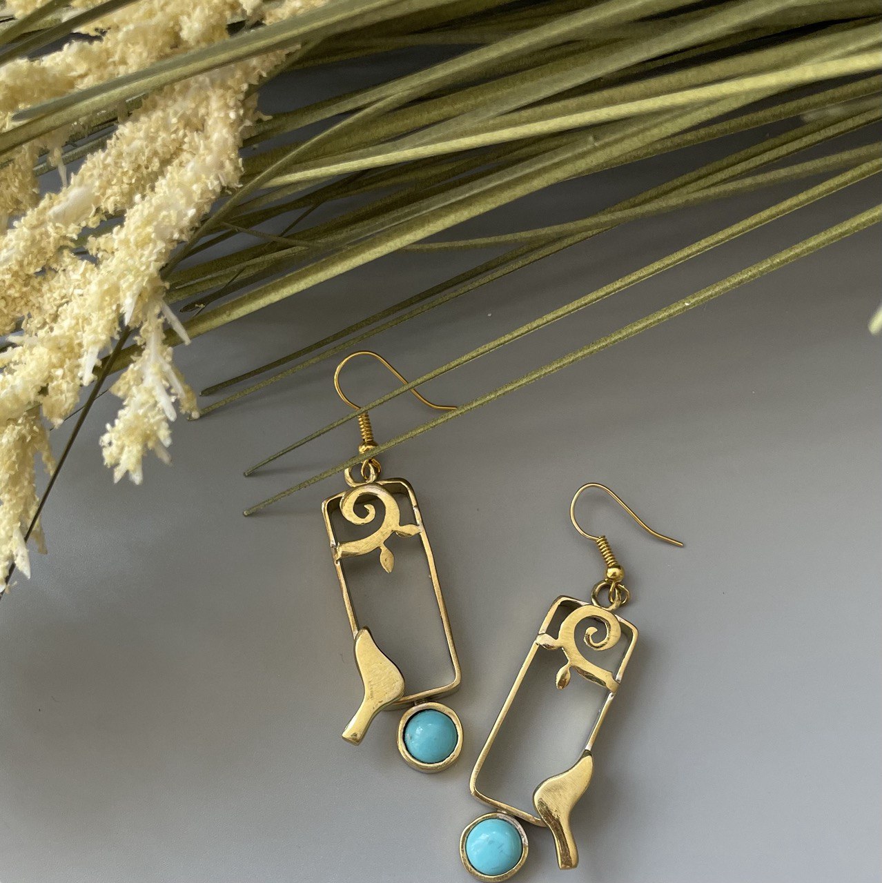 Persian Earrings-Persian Dangle Earrings with Turquoise and Bird: Persian Jewelry-AFRA ART GALLERY