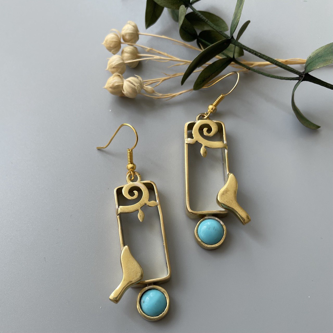 Persian Earrings-Persian Dangle Earrings with Turquoise and Bird: Persian Jewelry-AFRA ART GALLERY