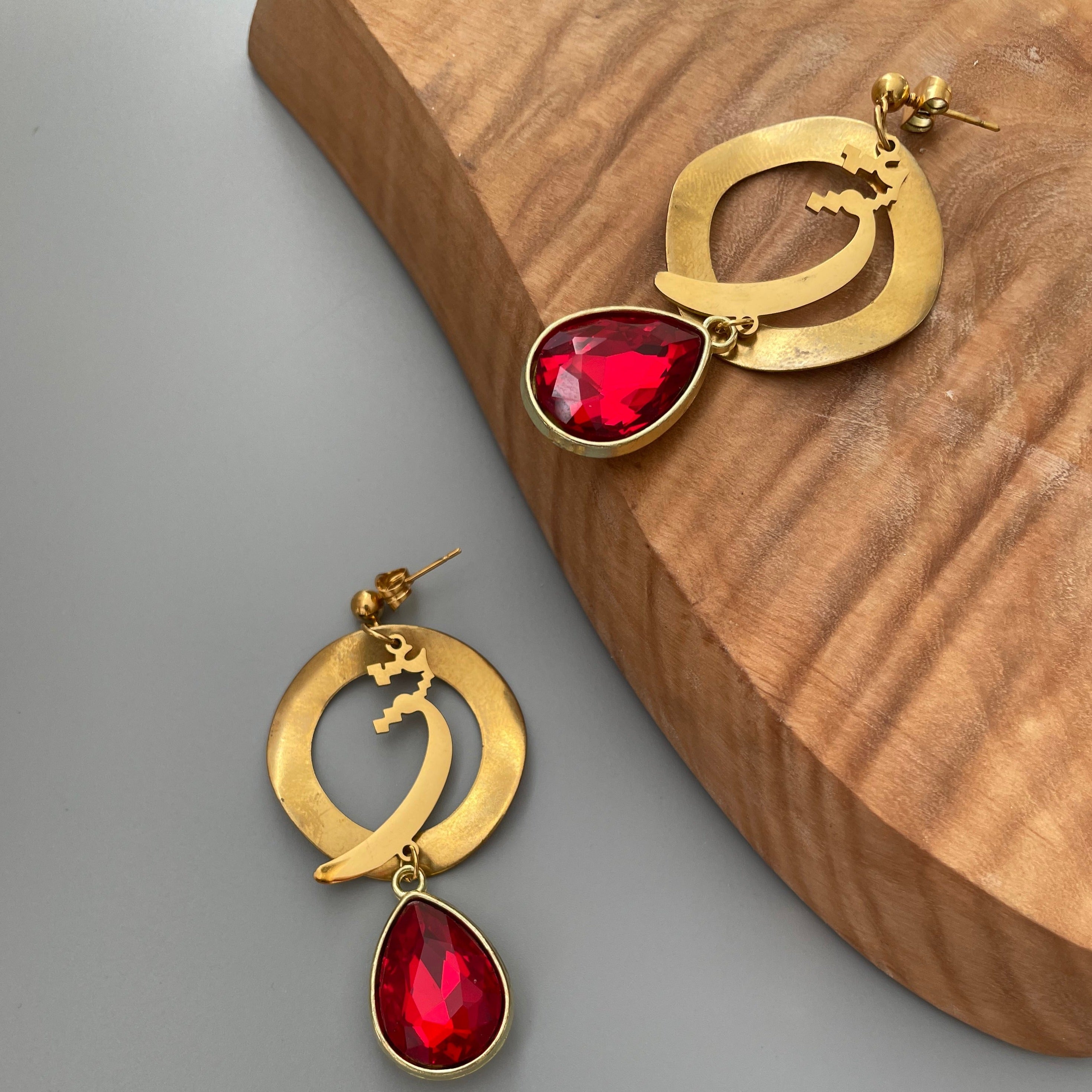 Persian Earrings-Persian Earring with Red Crystal and Love:Persian Jewelry-AFRA ART GALLERY