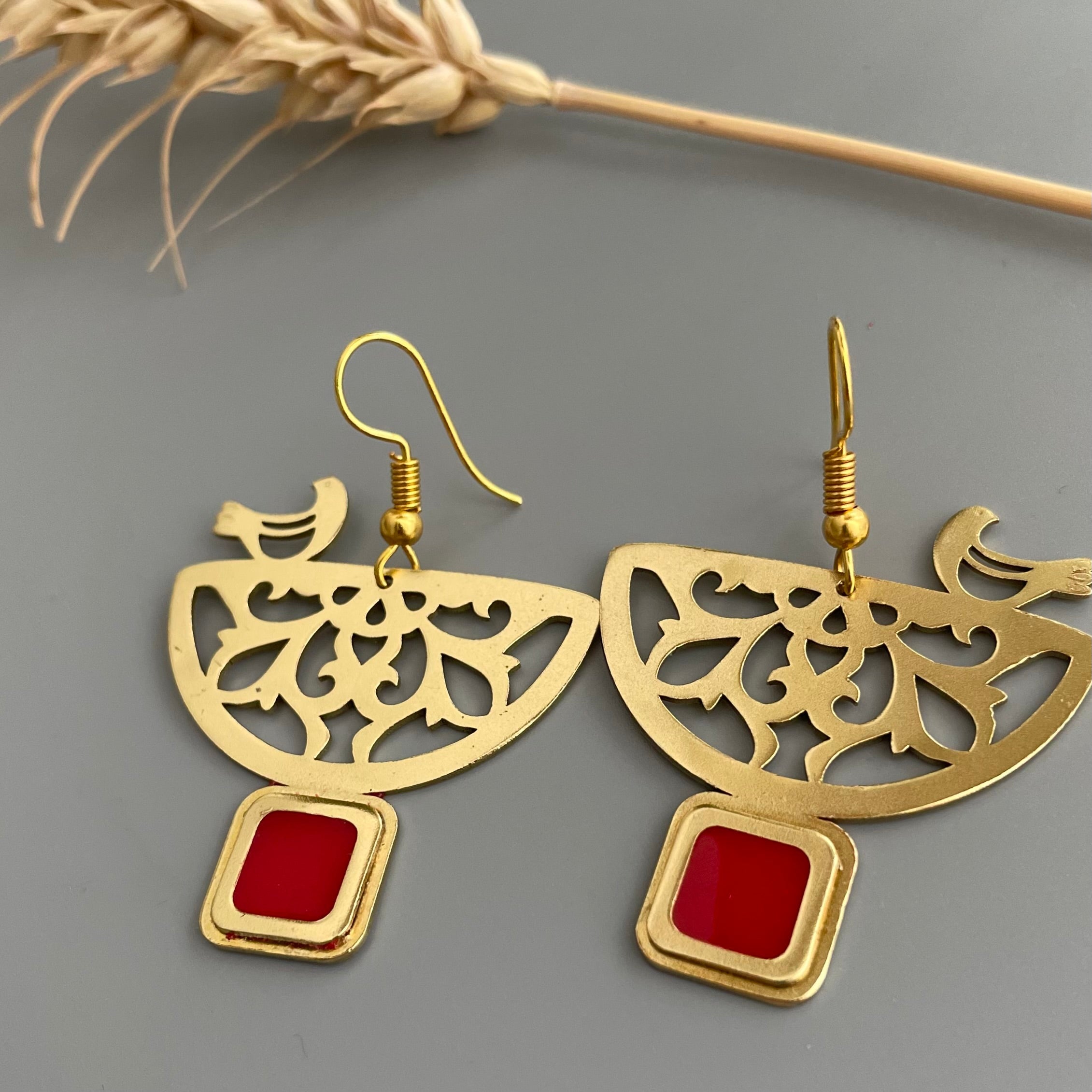 Persian Earrings-Persian Earrings with Bird and Geometric Pattern:Persian Jewelry-AFRA ART GALLERY