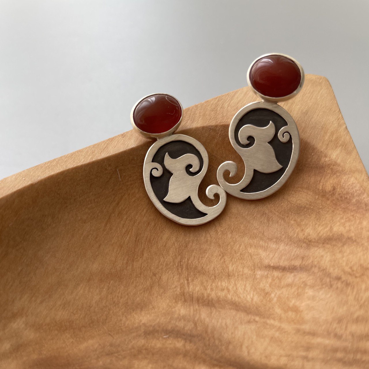 Persian Earrings-Persian Paisley Silver Earrings with Brown Agate: Persian Jewelry-AFRA ART GALLERY