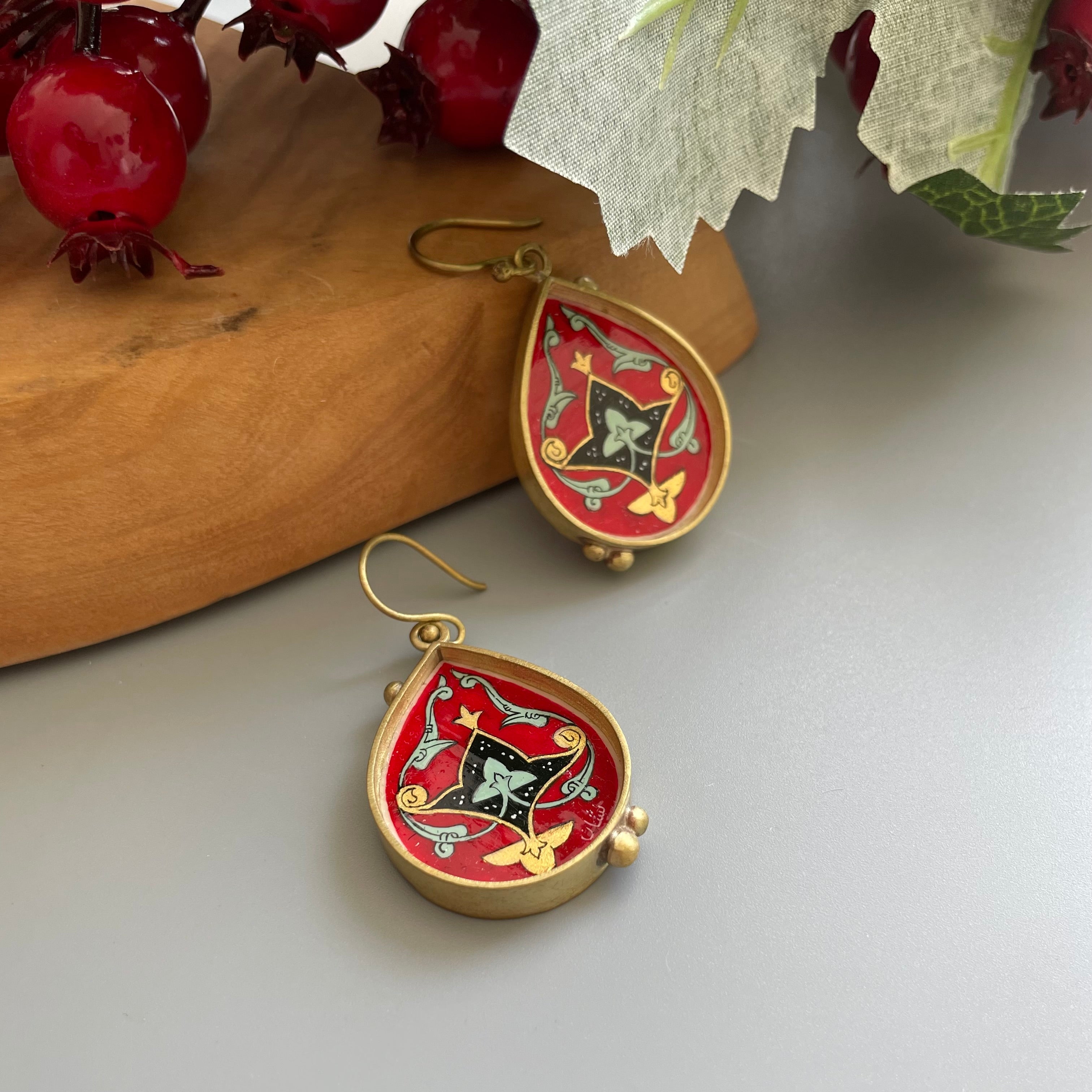 Fully Hand Painted Persian Earrings in Red with Eslimi Design
