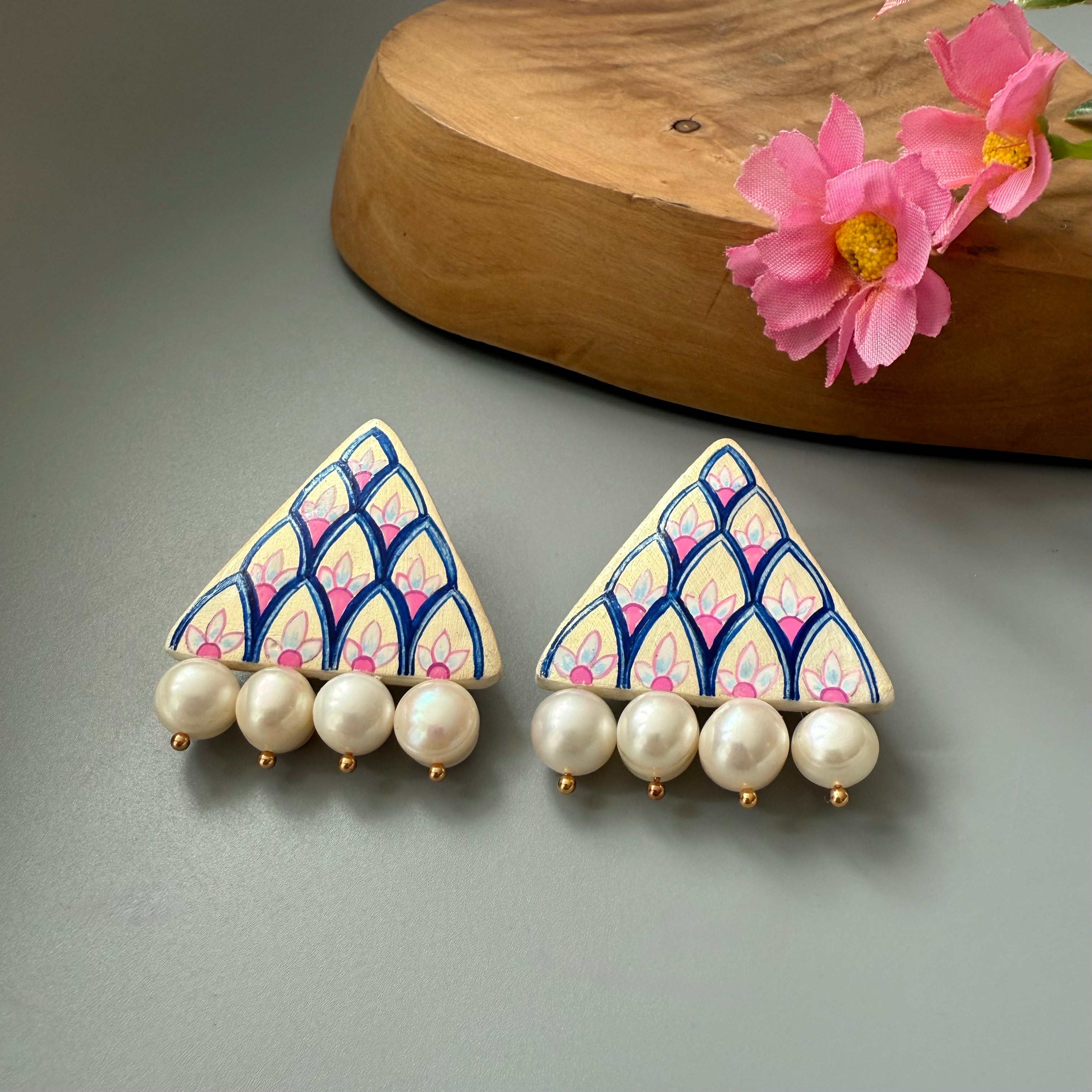 Stud Rectangular Clay Earrings with Hand Painting