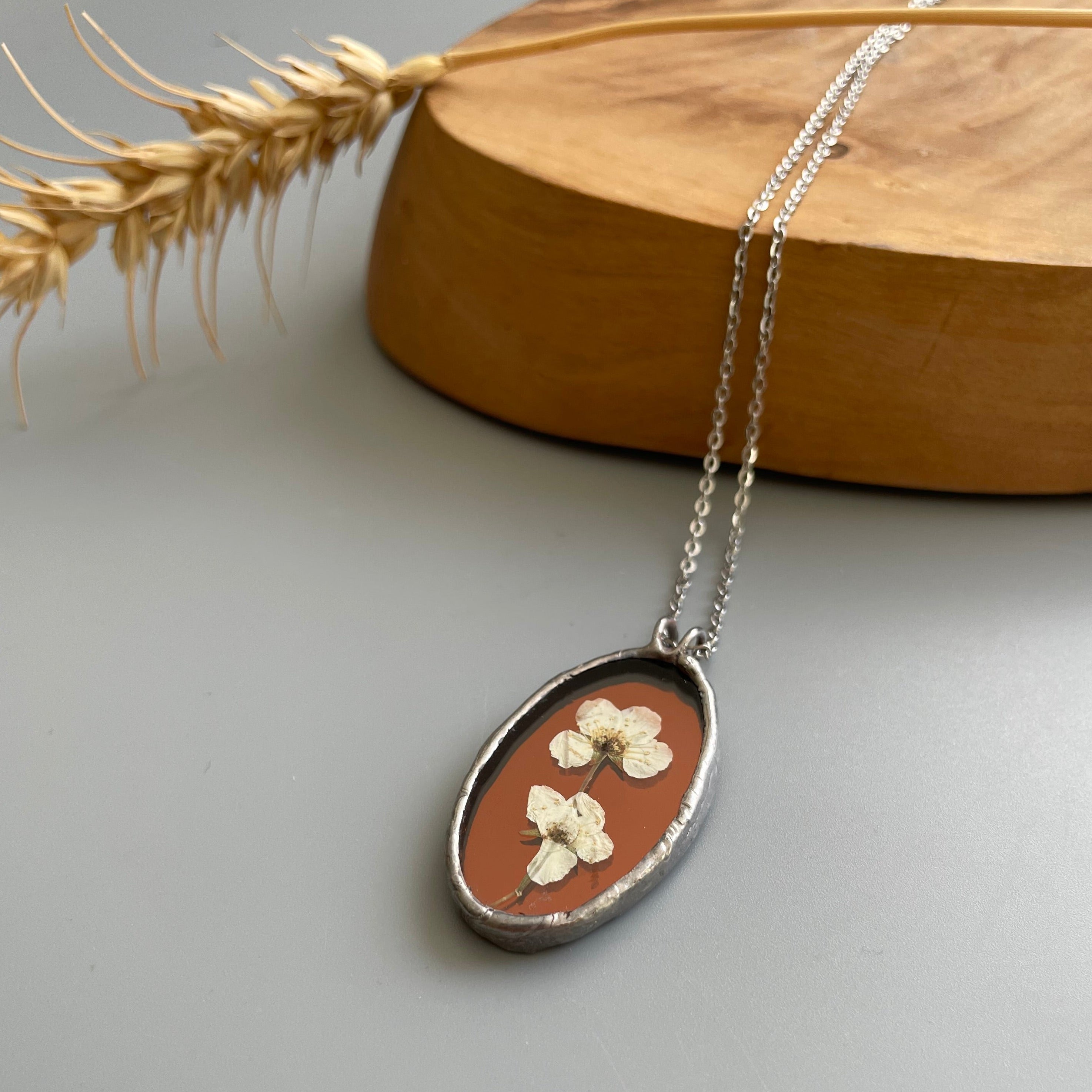 Oval Shaped Stain Glass Necklace with Dried Flower