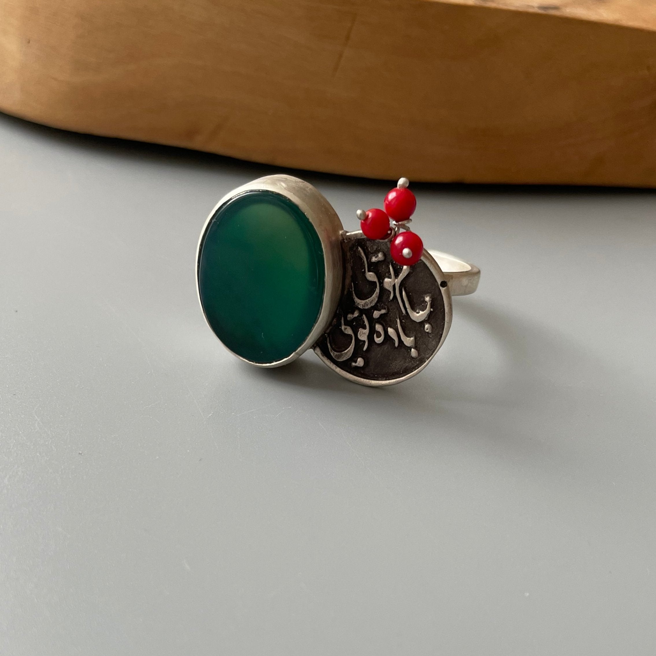 Persian Ring Handmade Silver Ring With Rumi Poem, Green Agate and Coral in Two Styles: Persian Jewelry-AFRA ART GALLERY