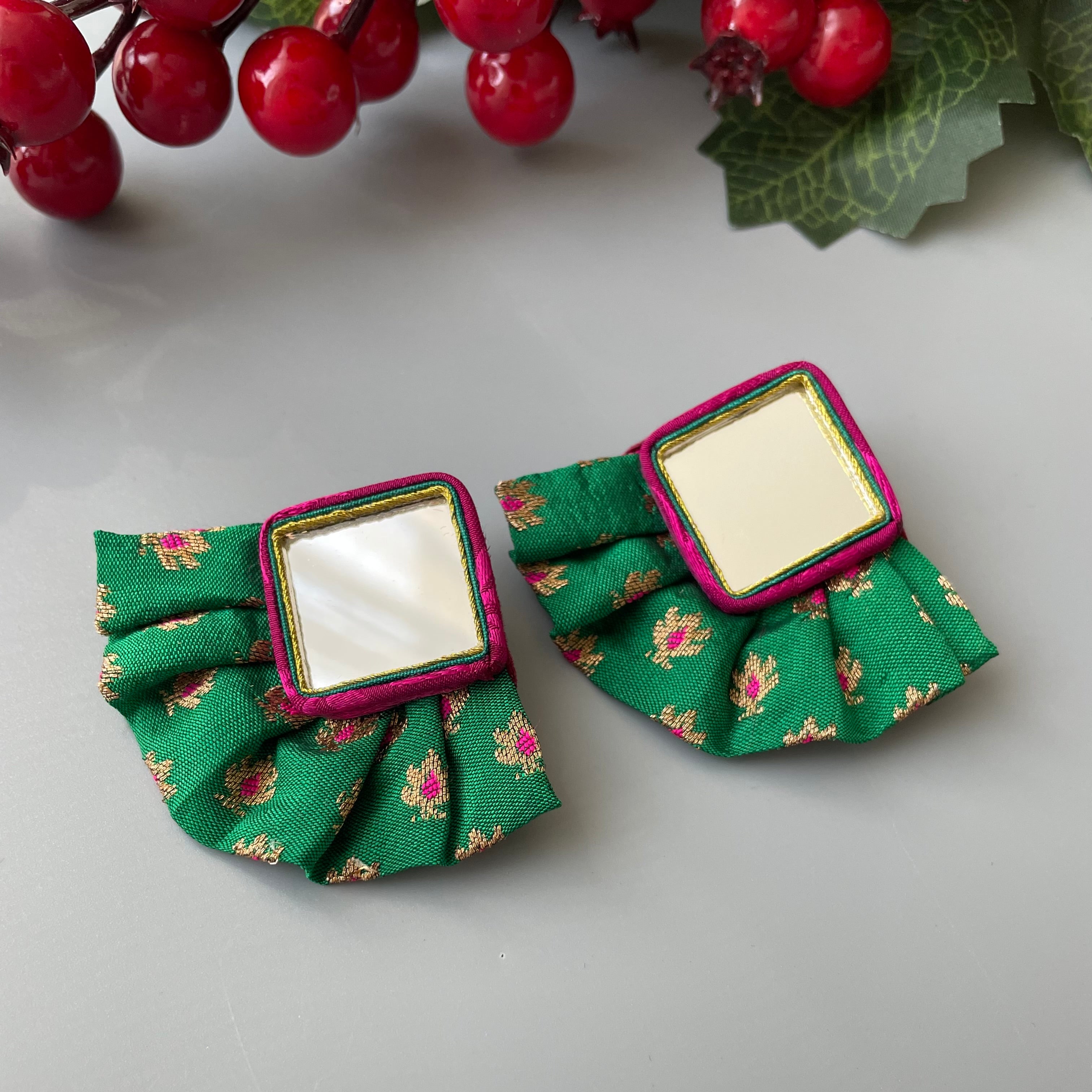 Mirror Mosaic Earrings with Colorful Fabric