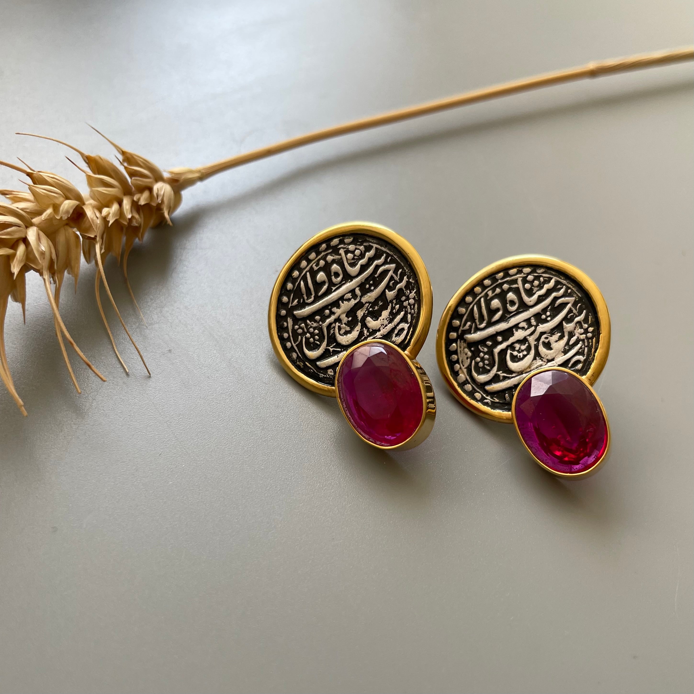 Handmade Silver Earrings with Persian Coin and Red Wine Crystal