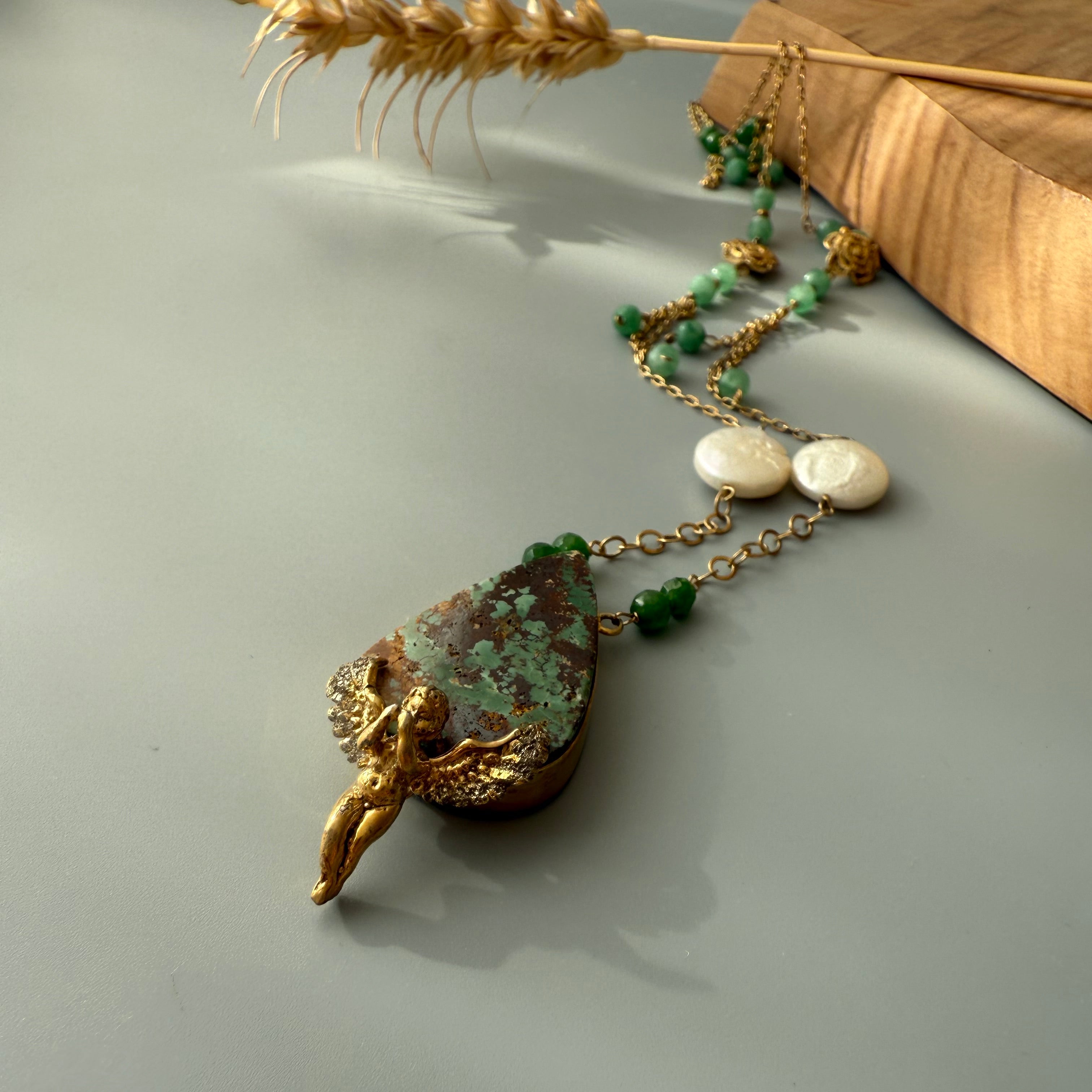 Handmade Gold Plated Silver Necklace with Natural Turquoise