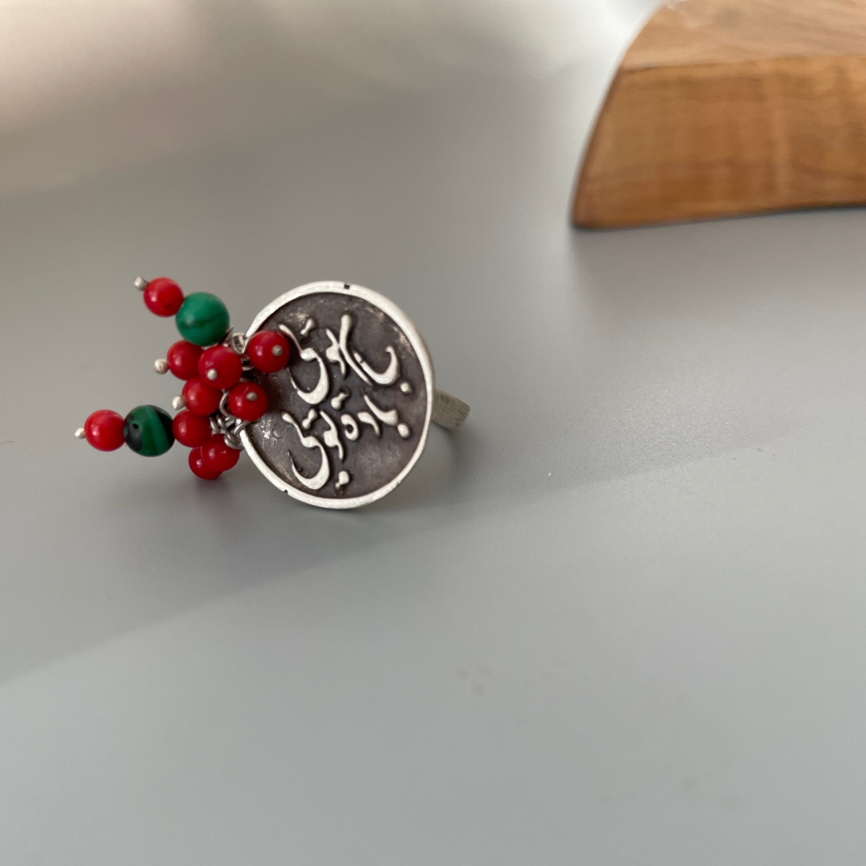 Persian Ring Handmade Silver Ring With Rumi Poem, Green Agate and Coral in Two Styles: Persian Jewelry-AFRA ART GALLERY