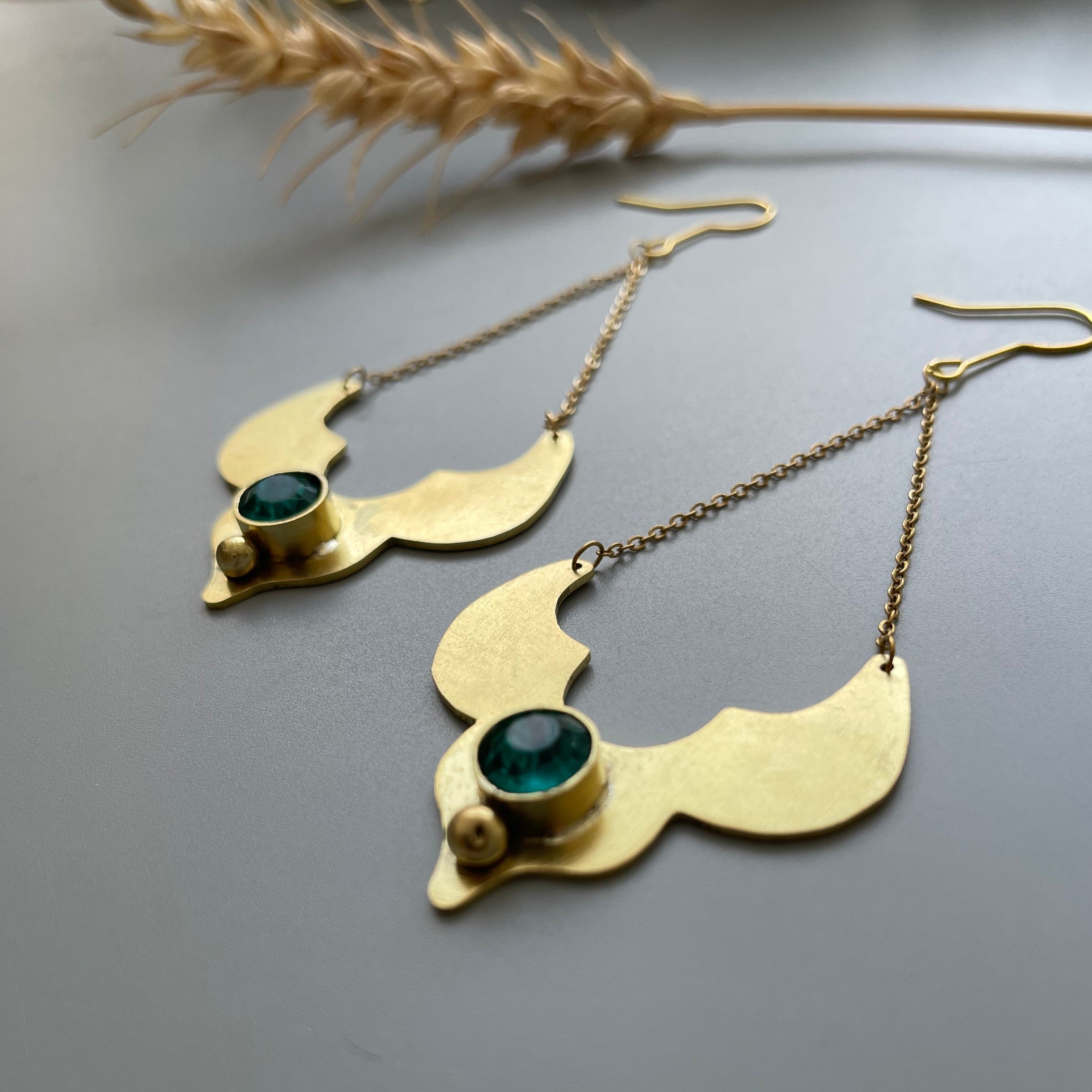 Handmade Dangle  Brass Earrings with Shiny Crystal