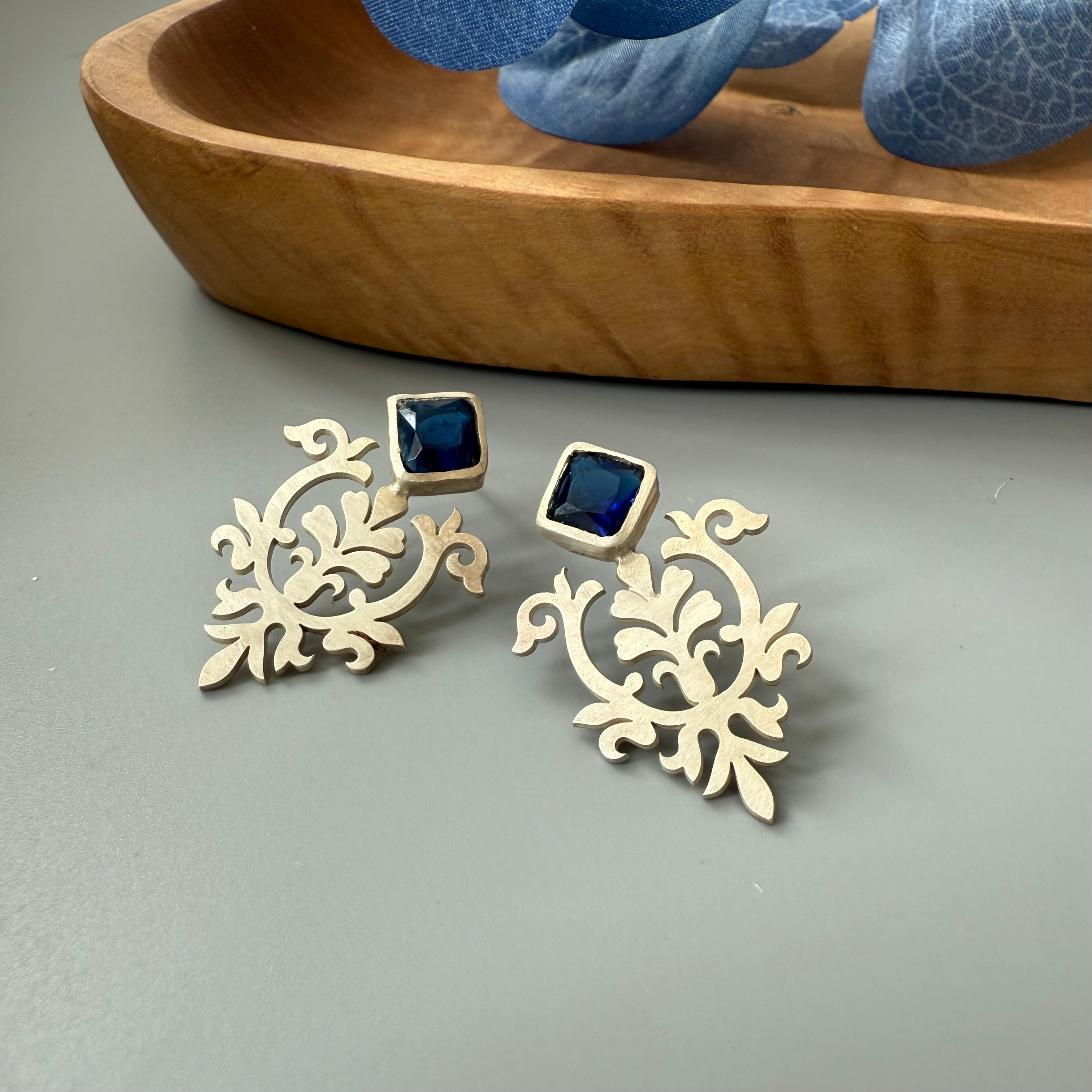 Handmade Silver Earrings with Dark Blue Crystal