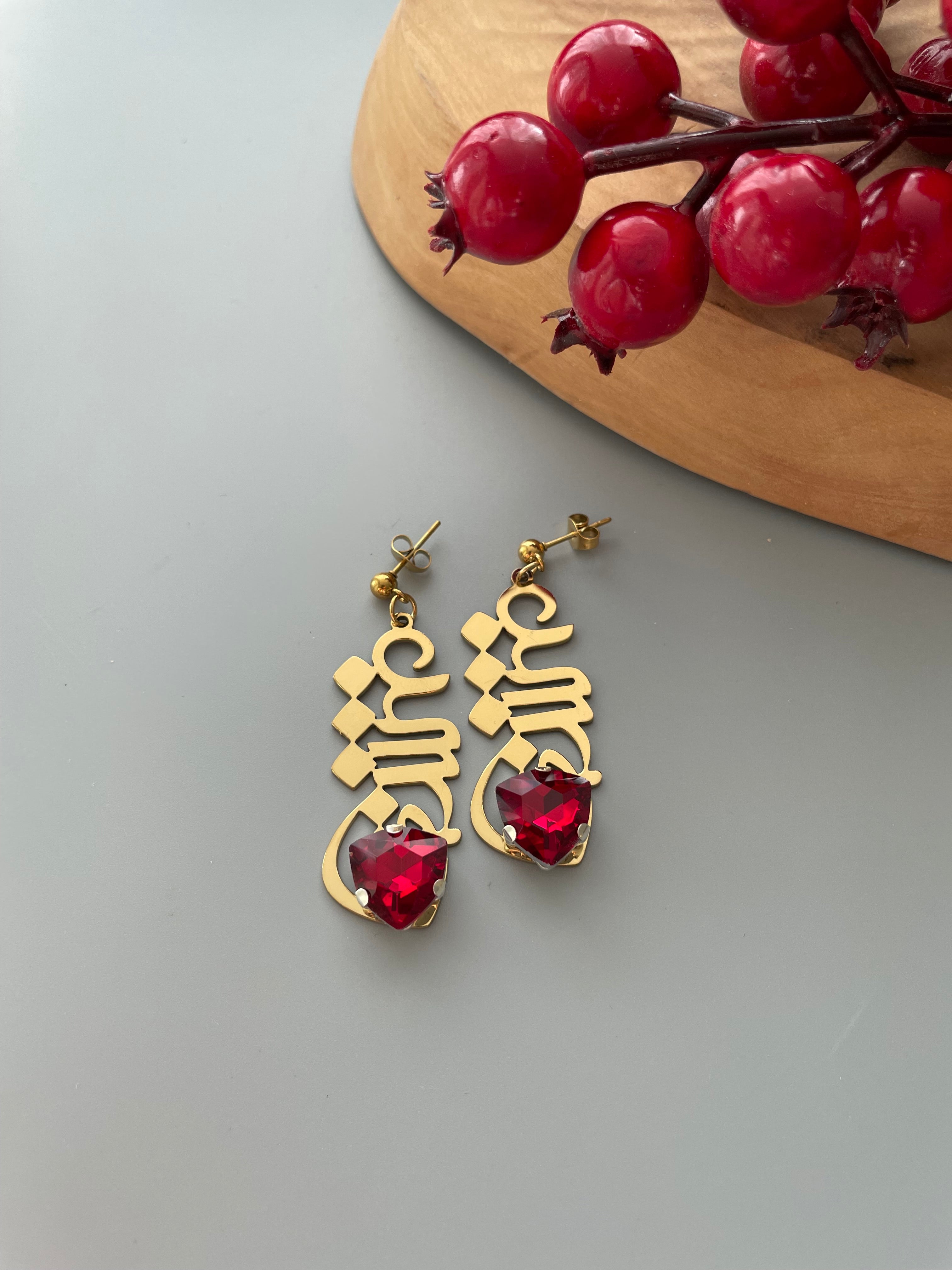 Persian Earring with Red Crystal and Calligraphy