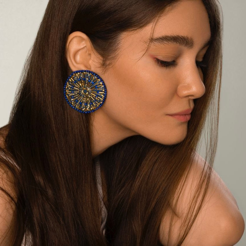 Full circle Embroidery Earring in Blue Shade