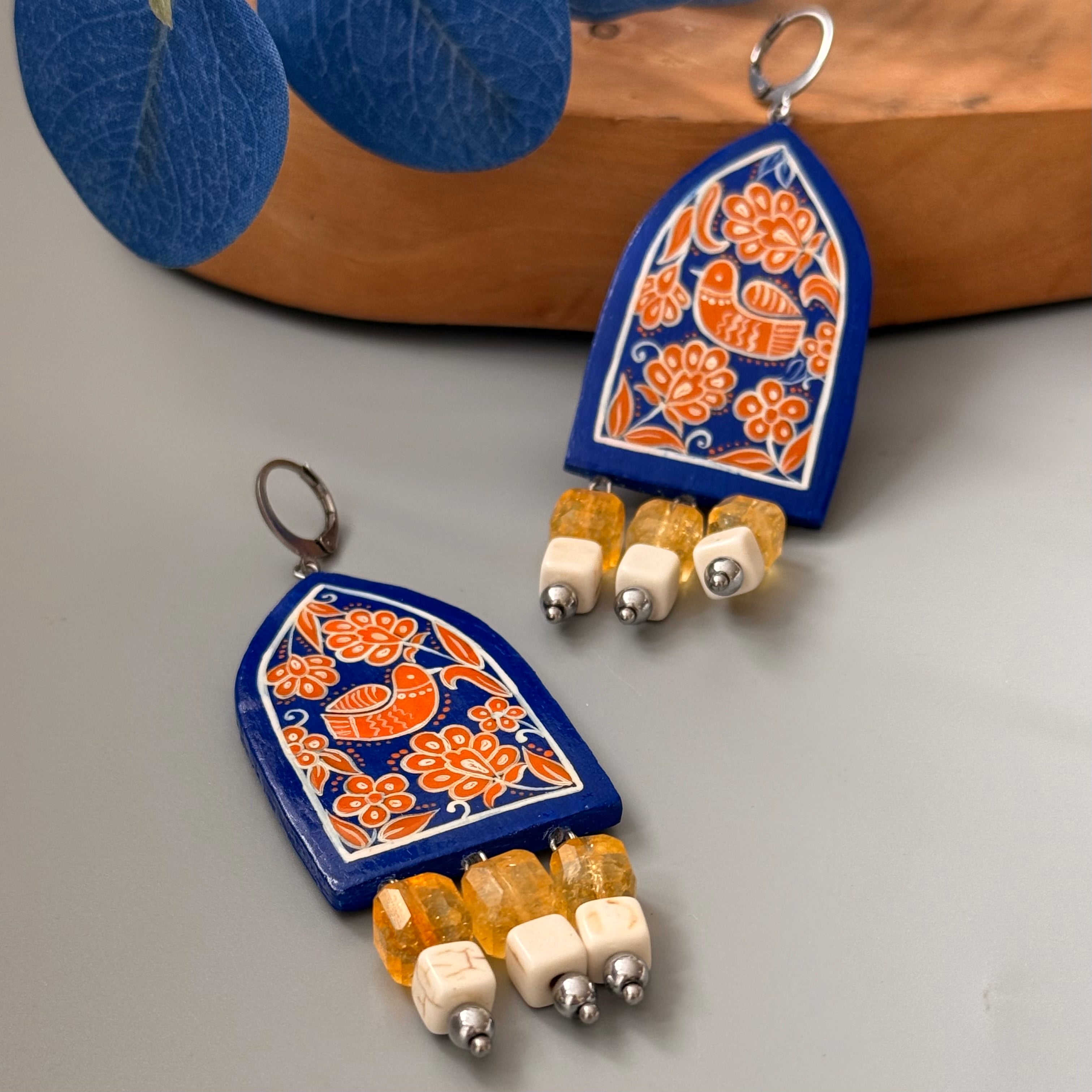 Dangle Clay Earrings with Hand Painted Gol-o-Morgh