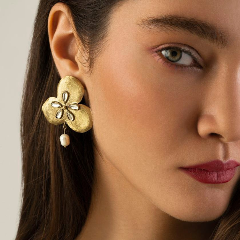 Handmade Brass Flower Earrings Decorated with Mirror