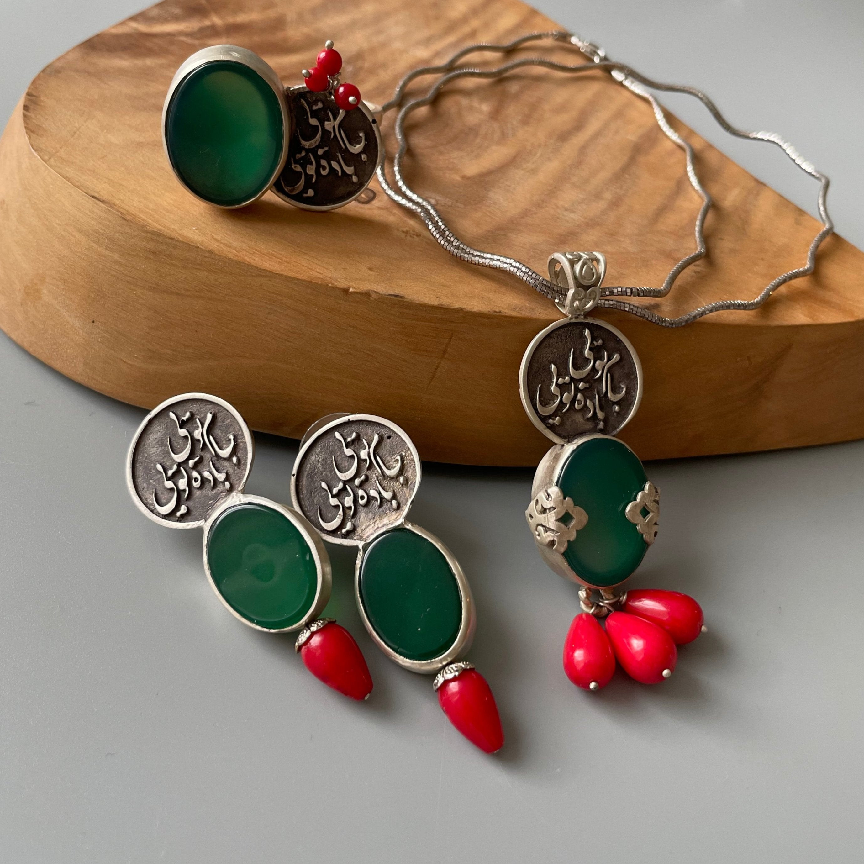 Persian Necklace Handmade Silver Necklace With Rumi Poem, Green Agate and Coral: Persian Jewelry-AFRA ART GALLERY