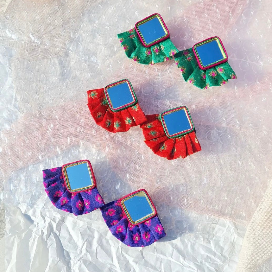 Persian Earrings Mirror Mosaic Earrings with Colorful Fabric:Persian Jewelry-AFRA ART GALLERY