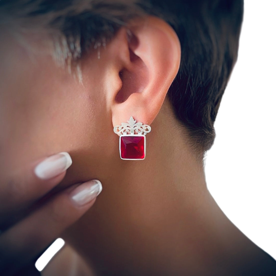 Persian Earrings Silver Stud Earrings with Shiny Red Crystal:Persian Jewelry-AFRA ART GALLERY