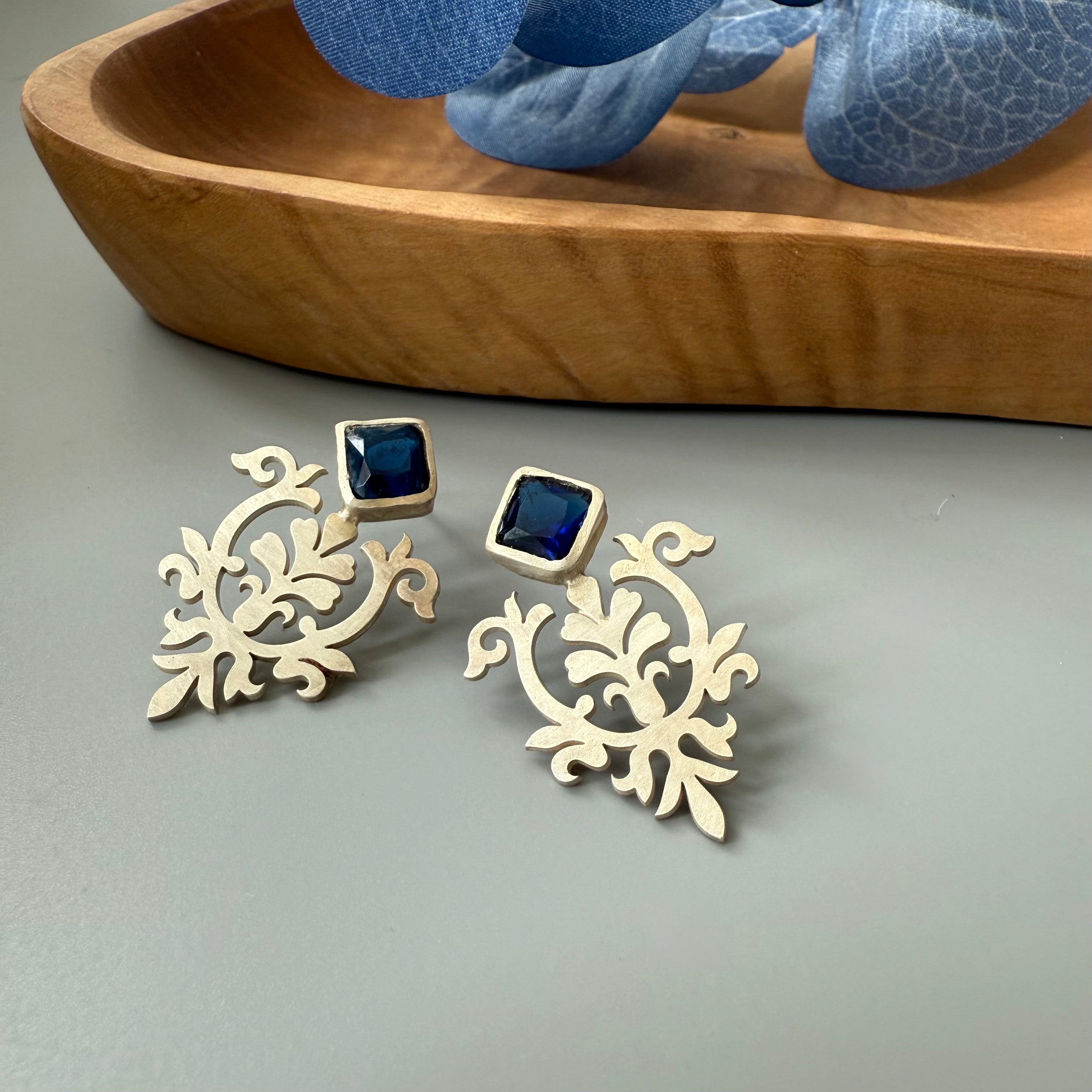 Handmade Silver Earrings with Dark Blue Crystal