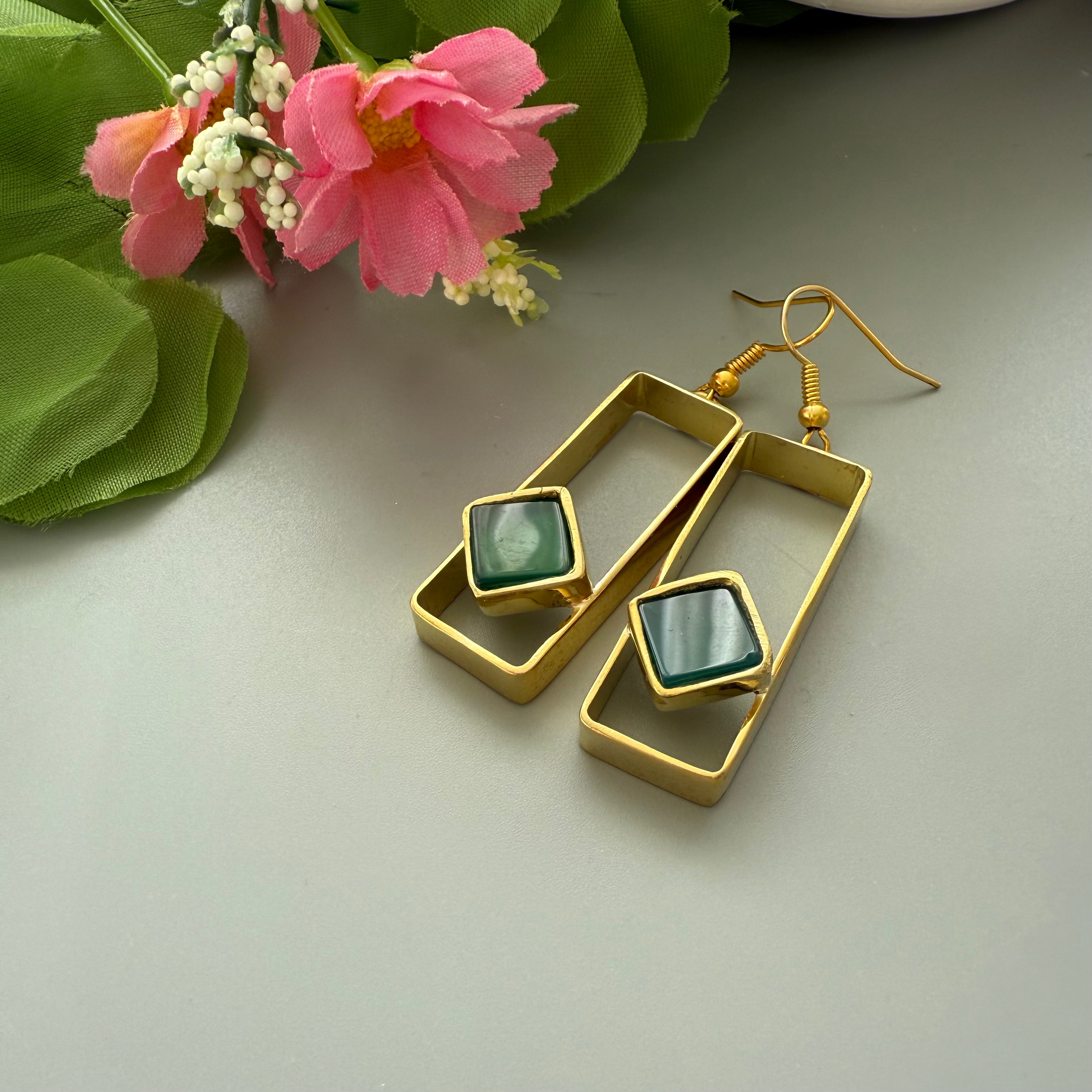 Handmade Brass Rectangle Earrings with  Agate