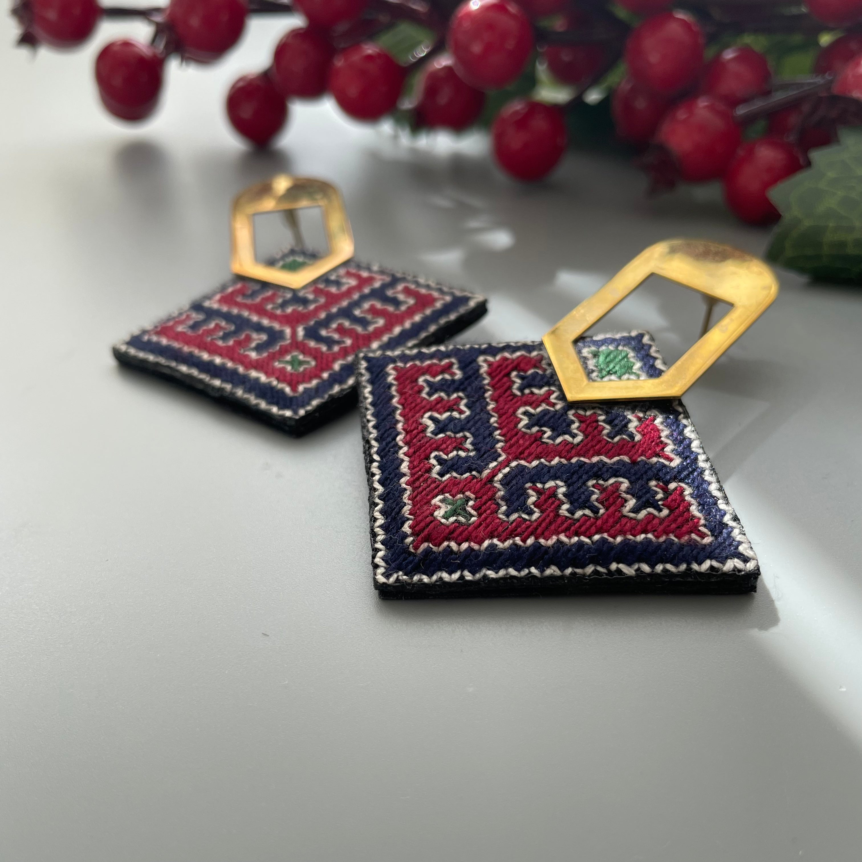 Persian Embroidery Earrings with Brass Decoration