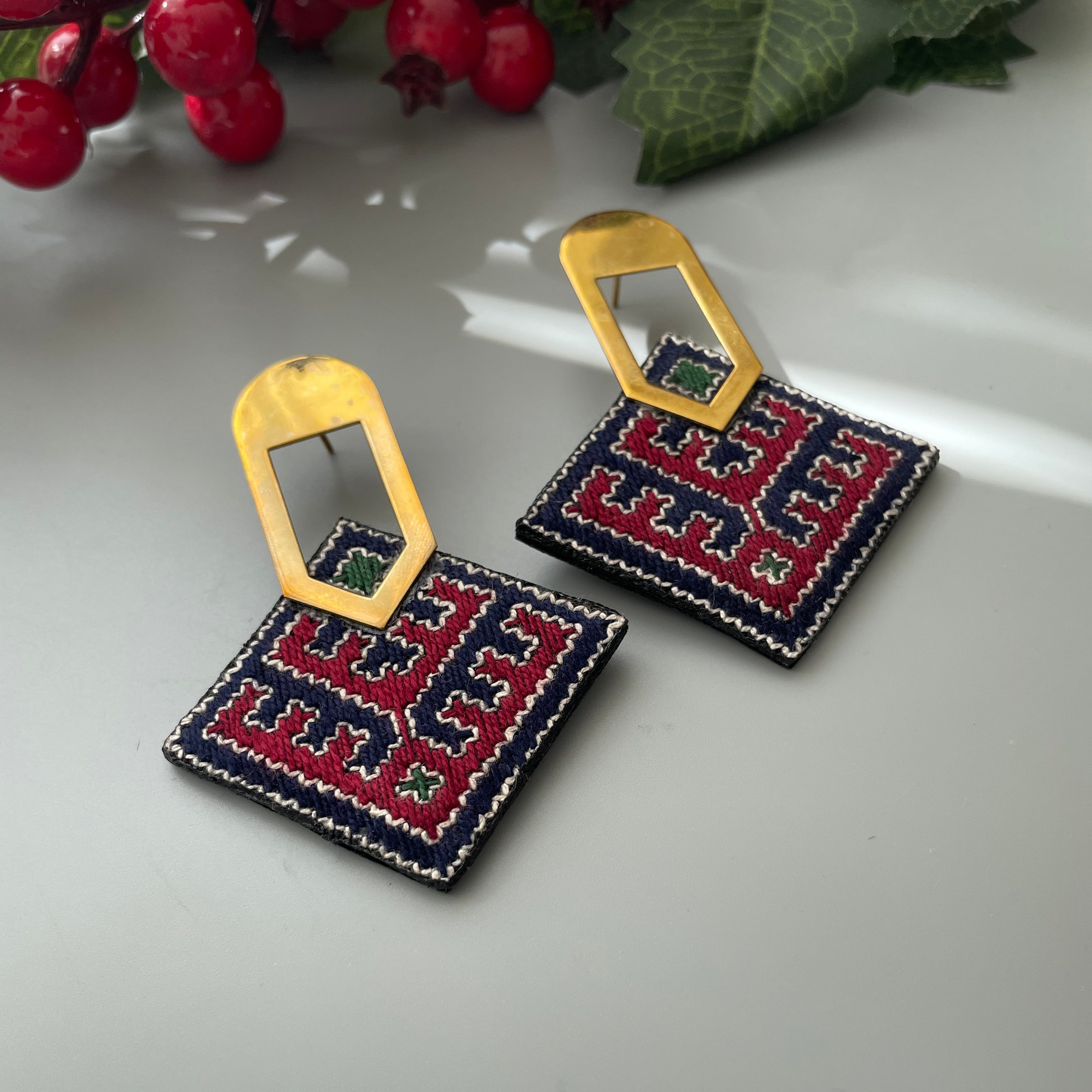 Persian Embroidery Earrings with Brass Decoration