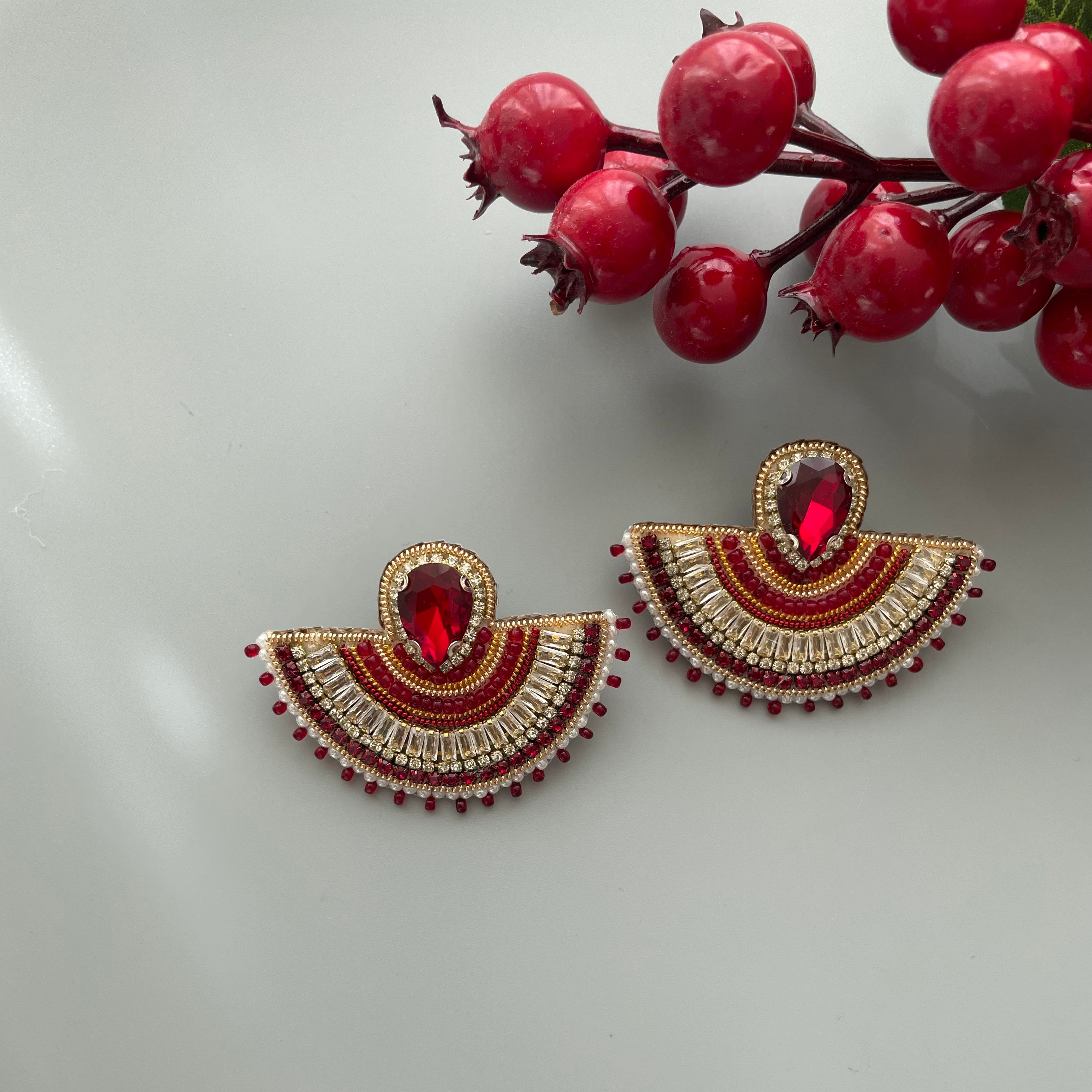 Beaded Embroidery Half Circle Earrings with Shiny Crystal and Beads