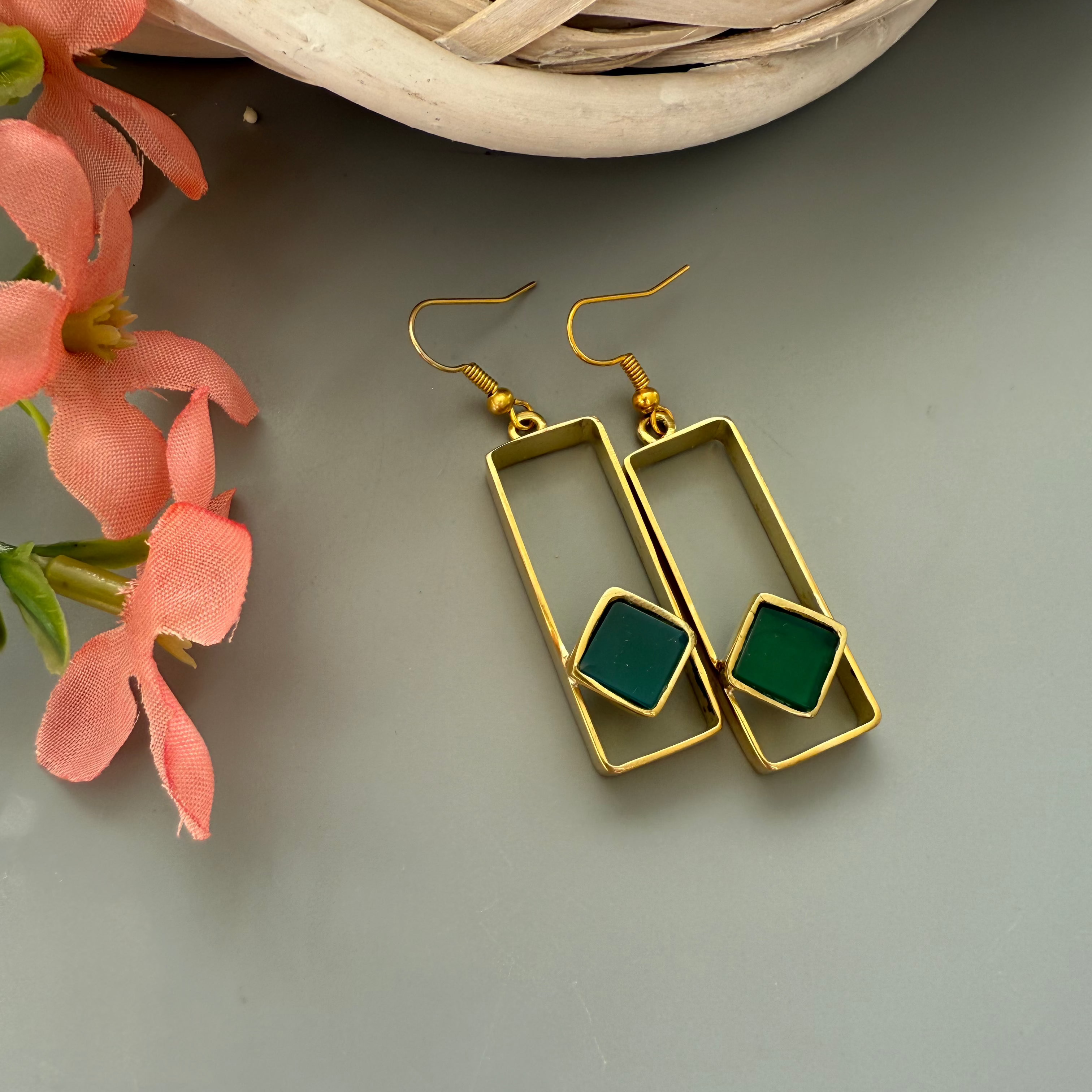 Handmade Brass Rectangle Earrings with  Agate