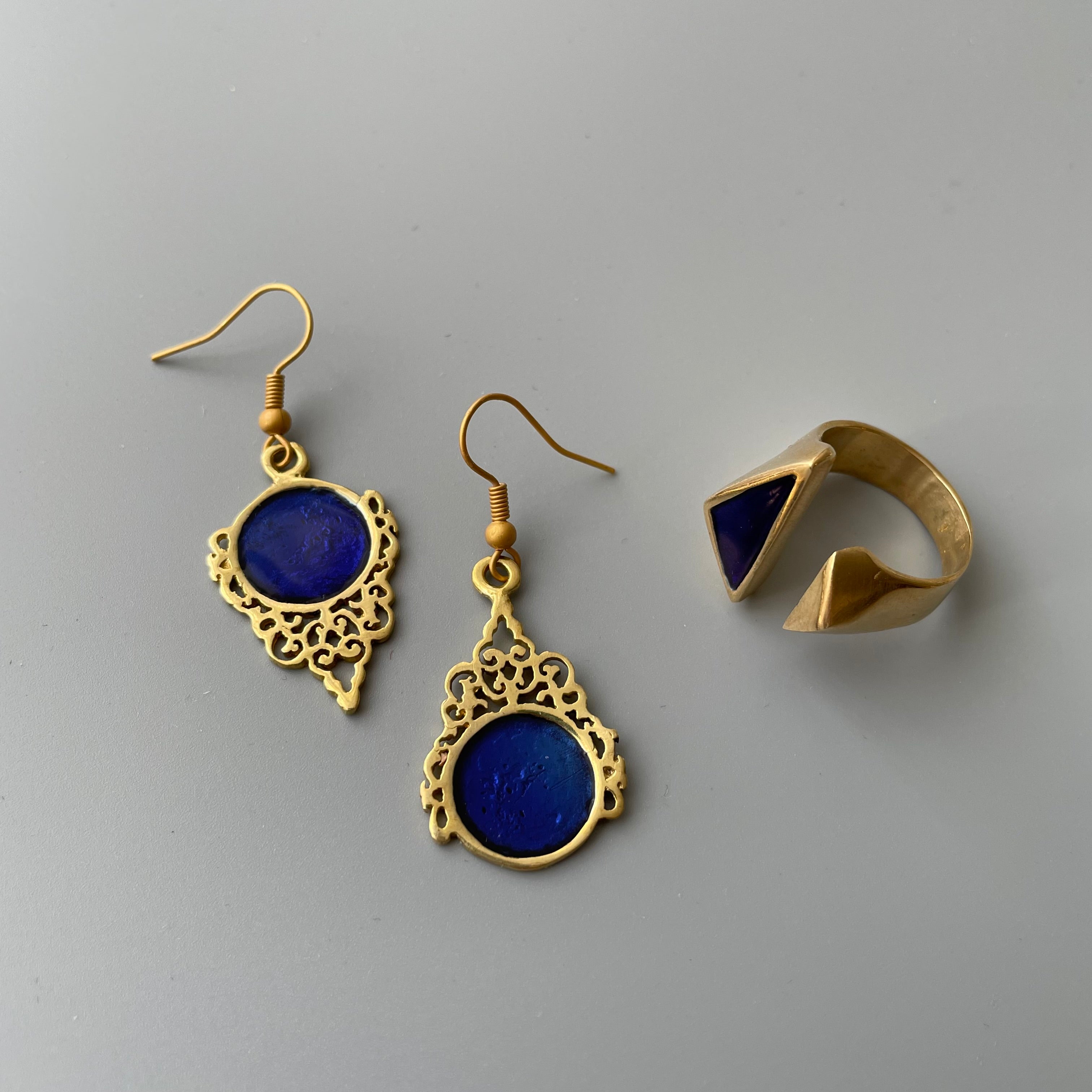 Persian Rings-Persian Brass Ring with Enamel in Dark Blue: Persian Jewelry-AFRA ART GALLERY